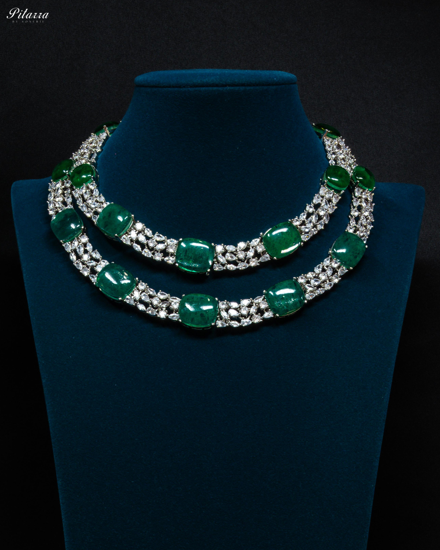Two Layer Emerald Stone Crystal Necklace Set