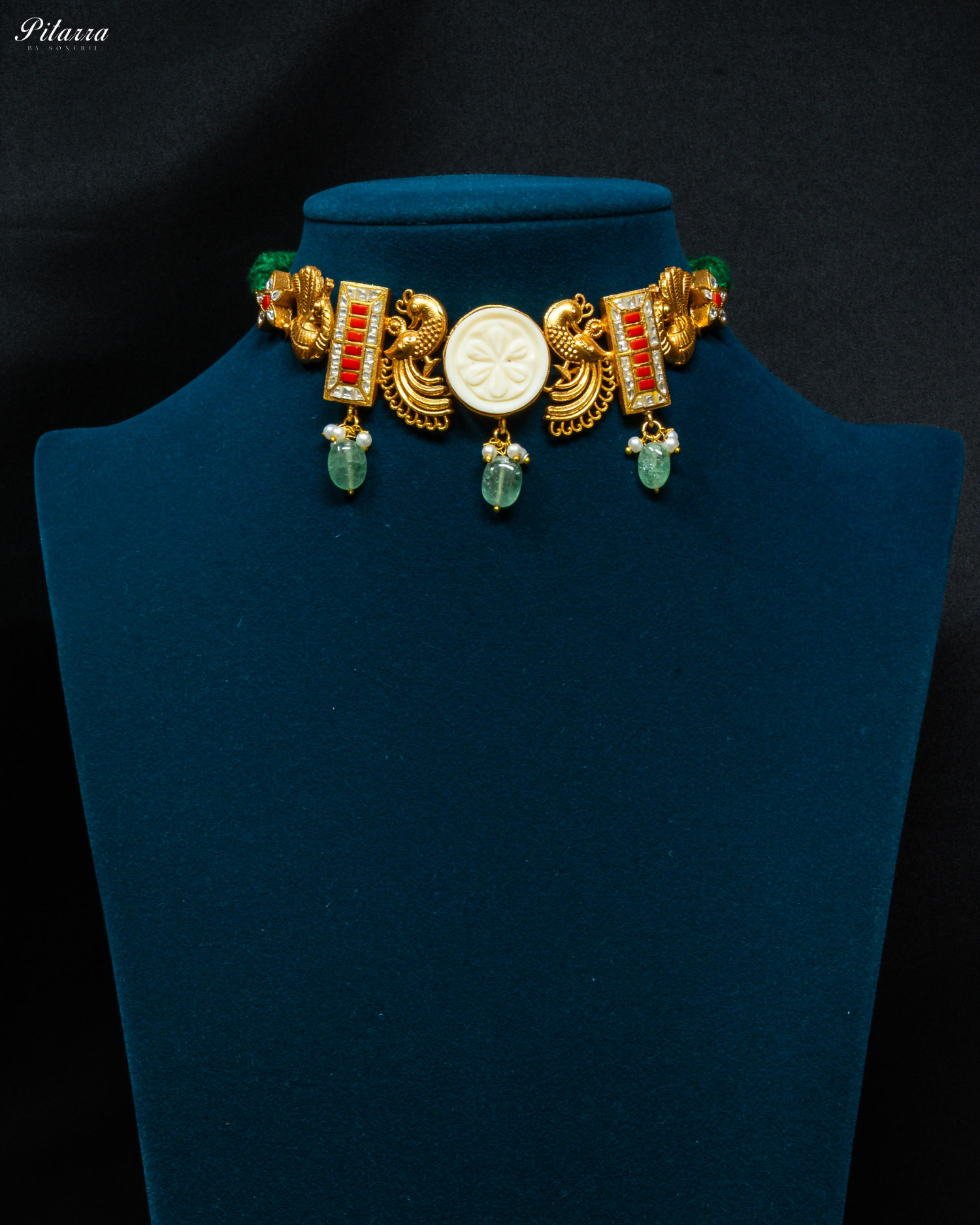 Golden Peacock Green Pearl Fusion Necklace Set