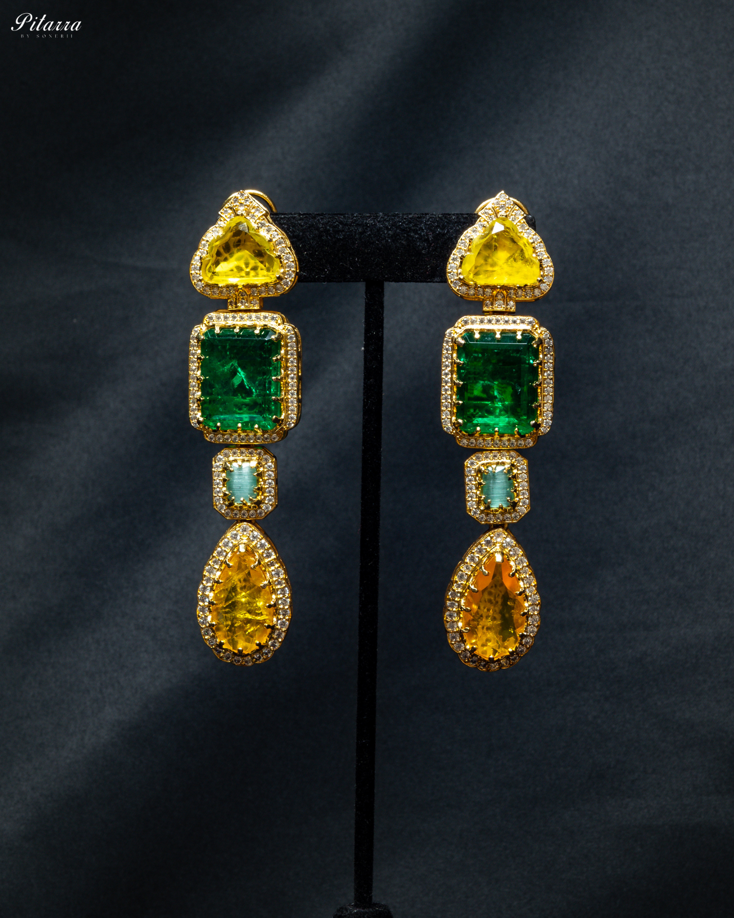 Green and Yellow Stone Long Doublet Earrings