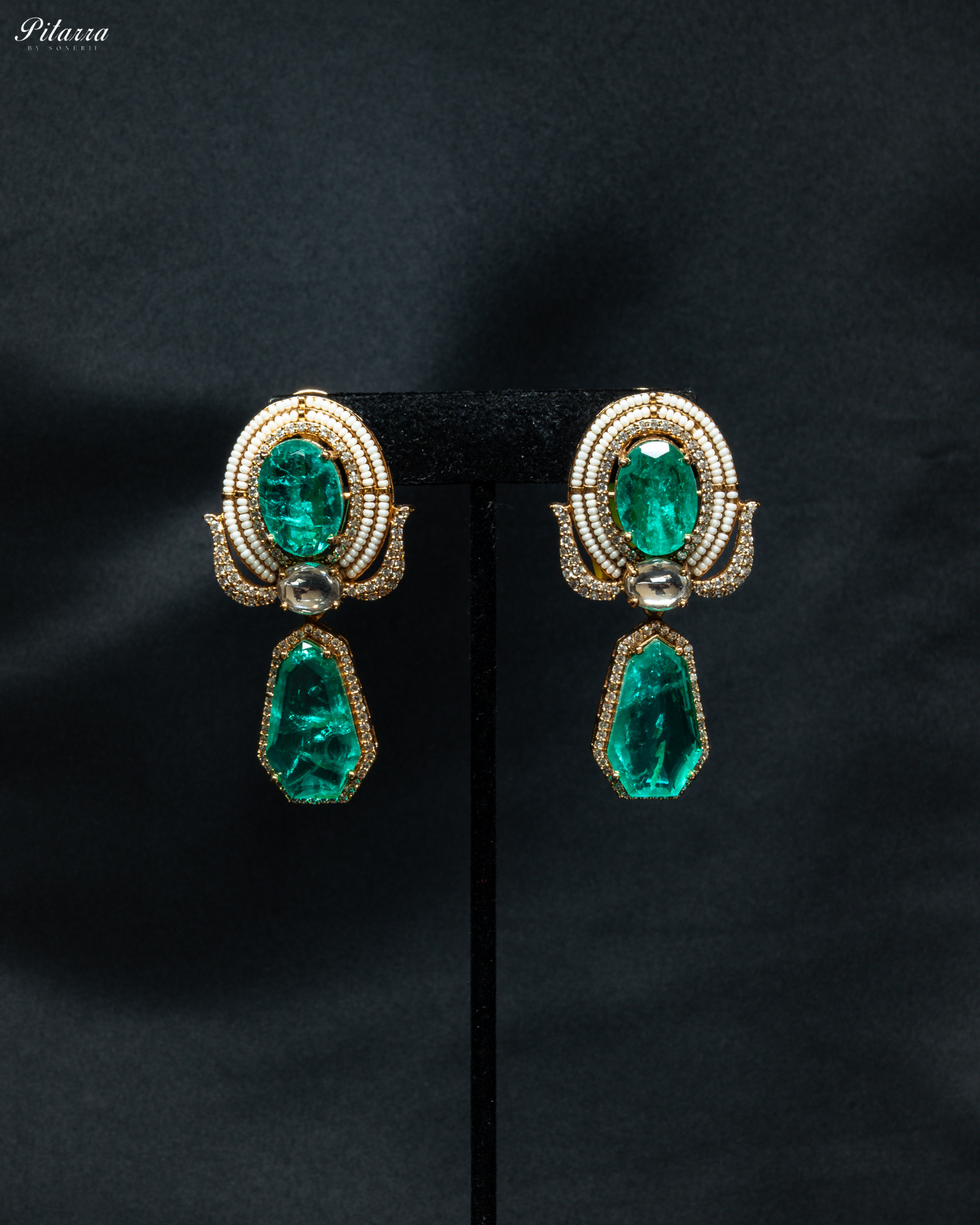 Gold Finish Zircon Green Dangler Earrings