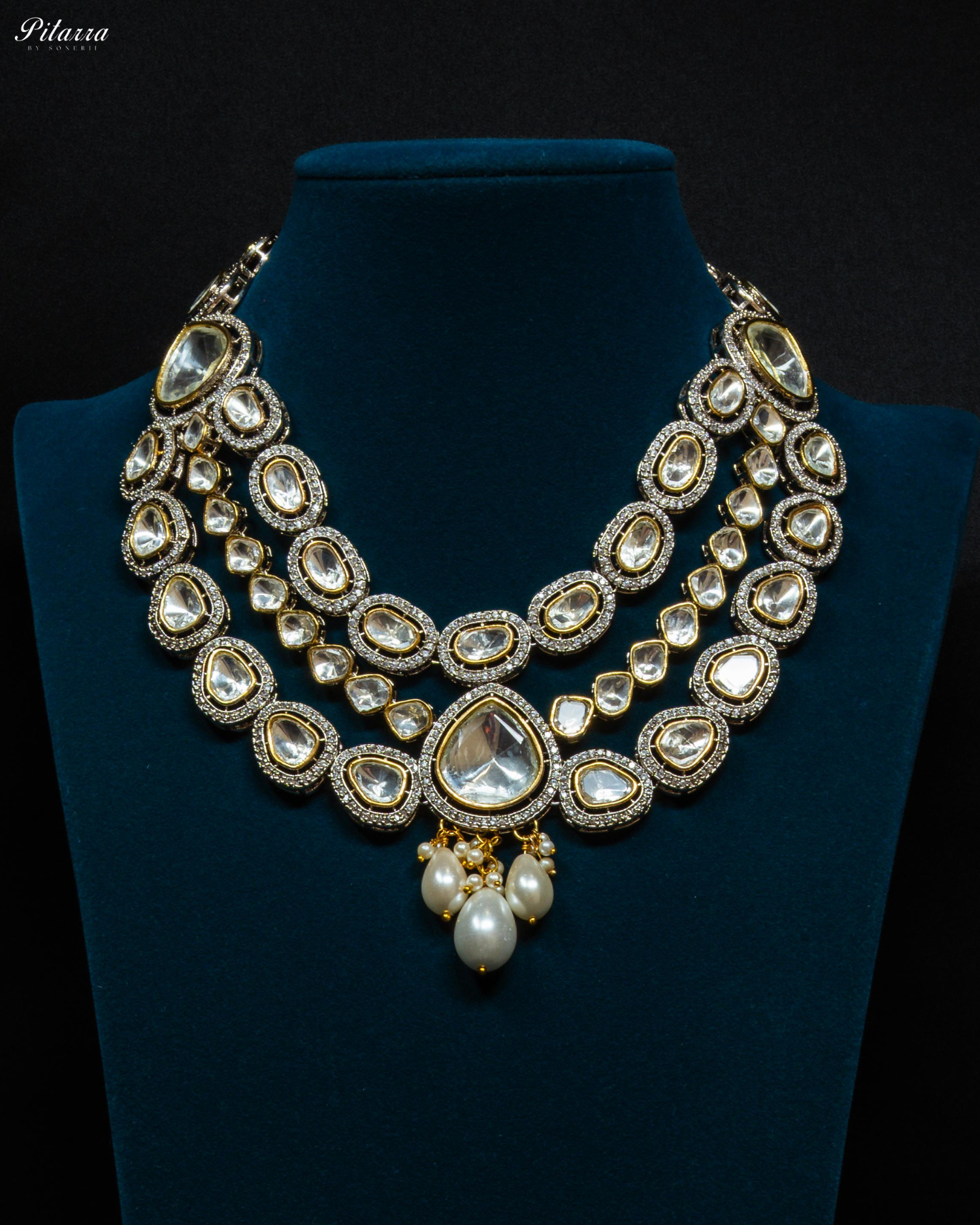 Golden Three-Layer Polki Kundan Necklace Set