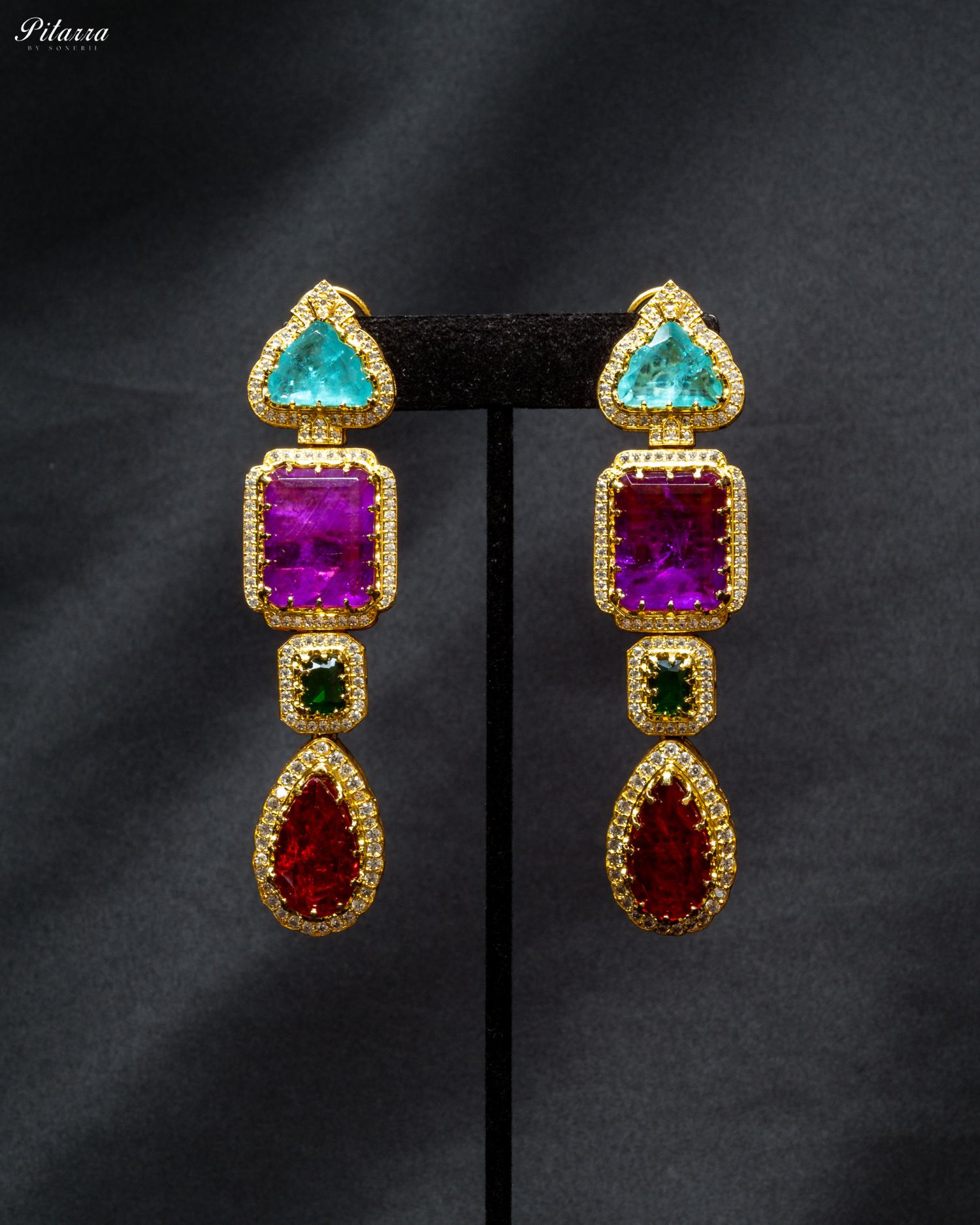 Purple and Red Stone Long Doublet Earrings