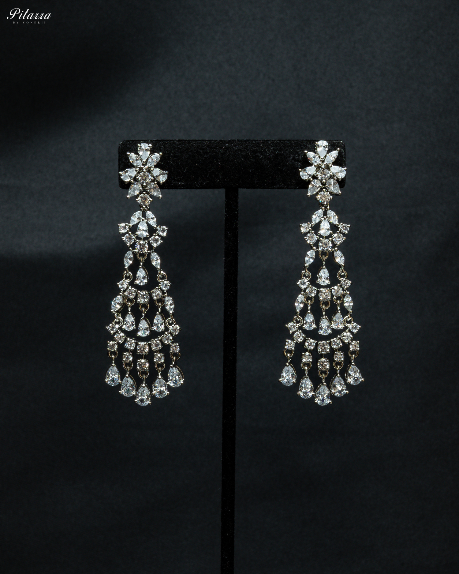 Silver Finish Zircon Long Dangler Earrings