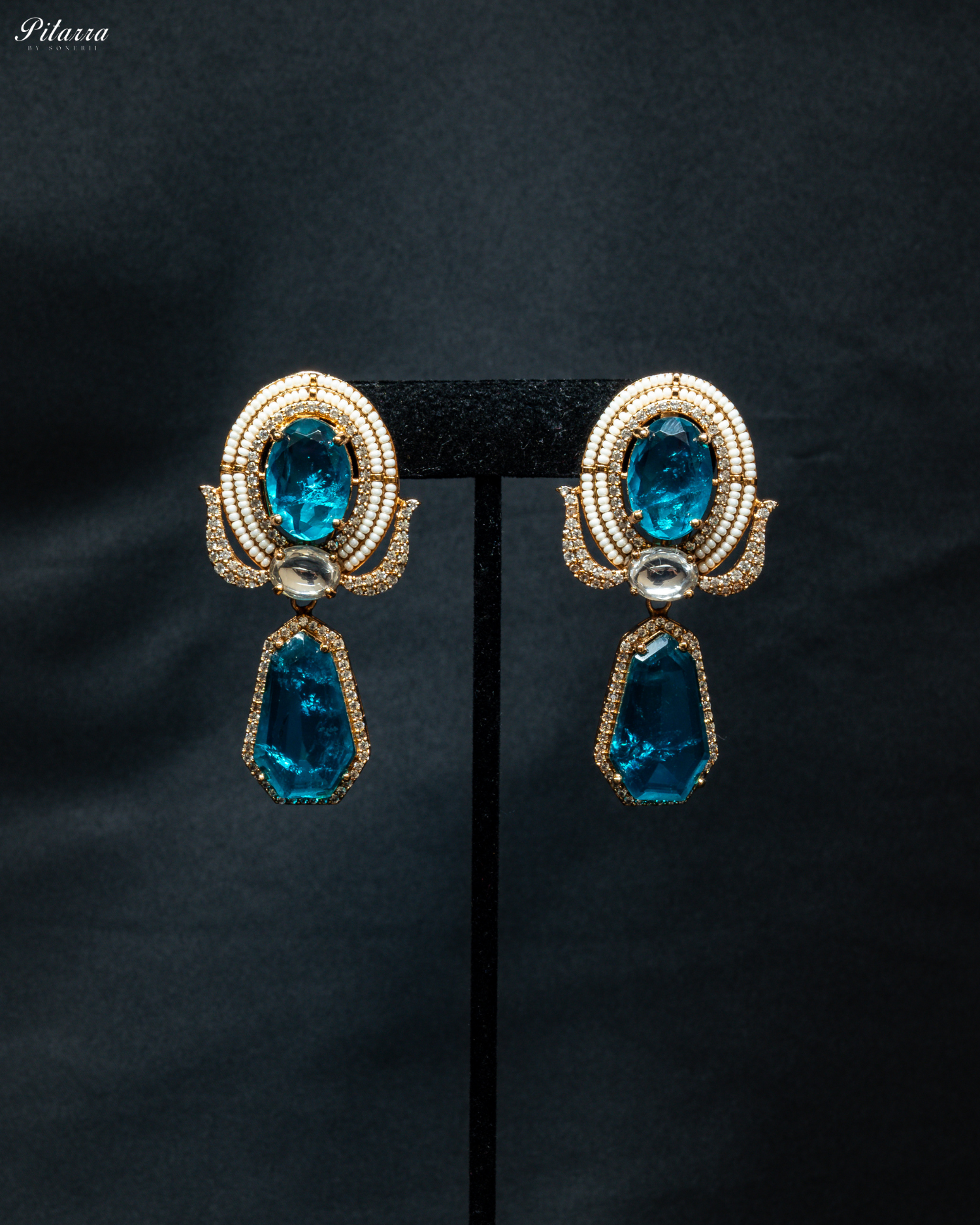 Gold Finish Zircon Blue Dangler Earrings