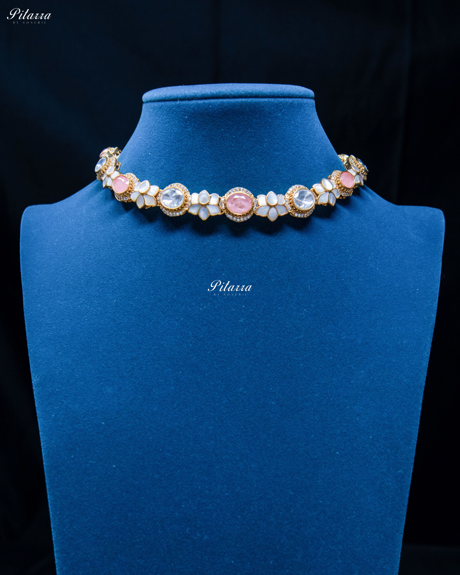 White Flora Peach Stone Kundan Choker Set