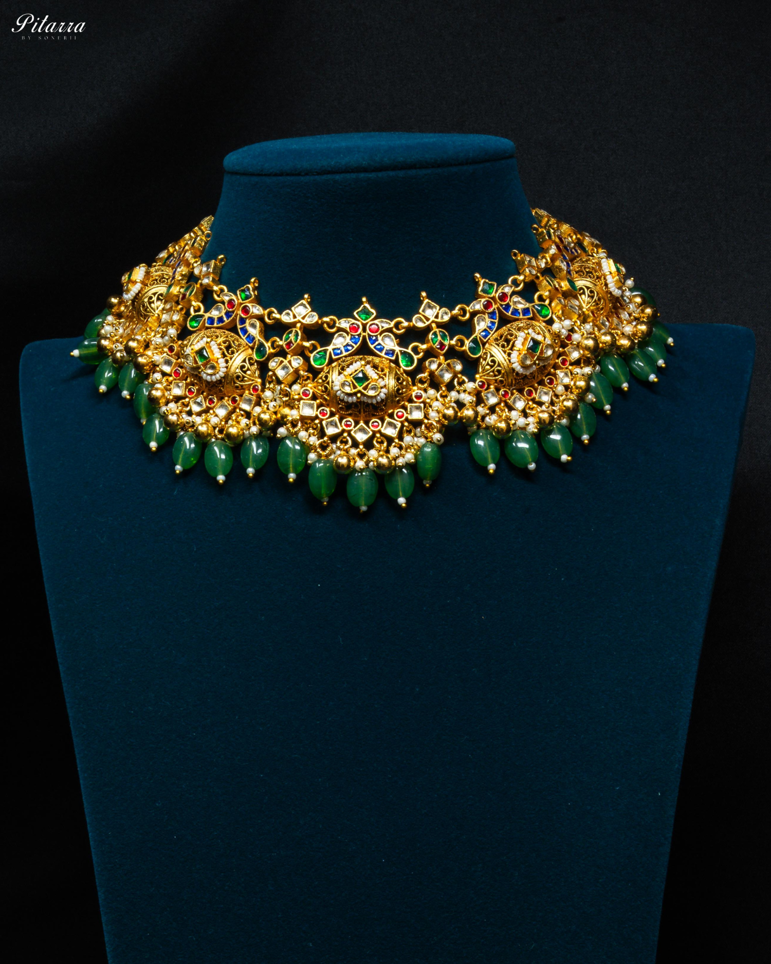 Gold Finish Green Beads Antique Design Choker Set