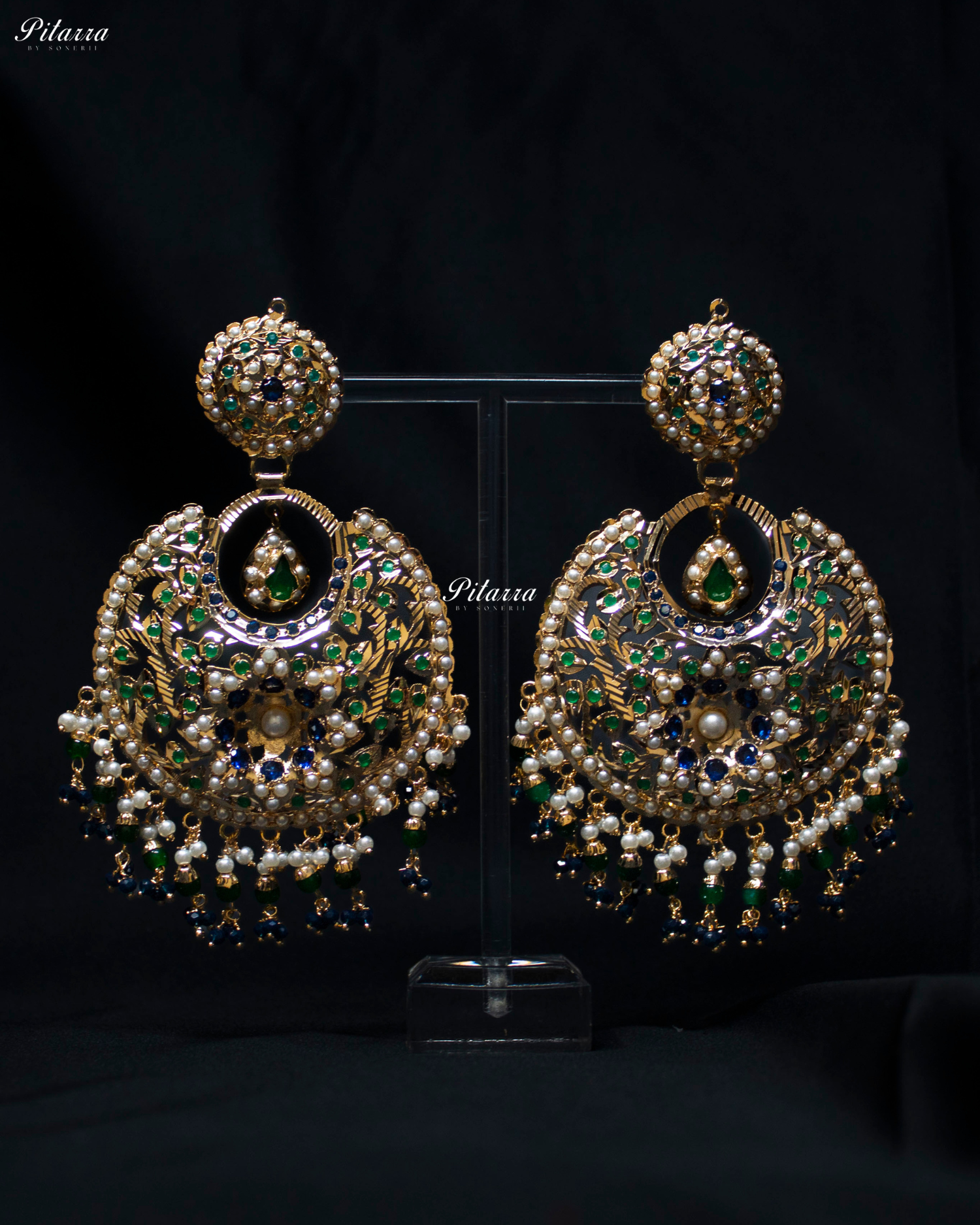 Navy Blue Stone Studded Punjabi Jadau Chandbali Earrings