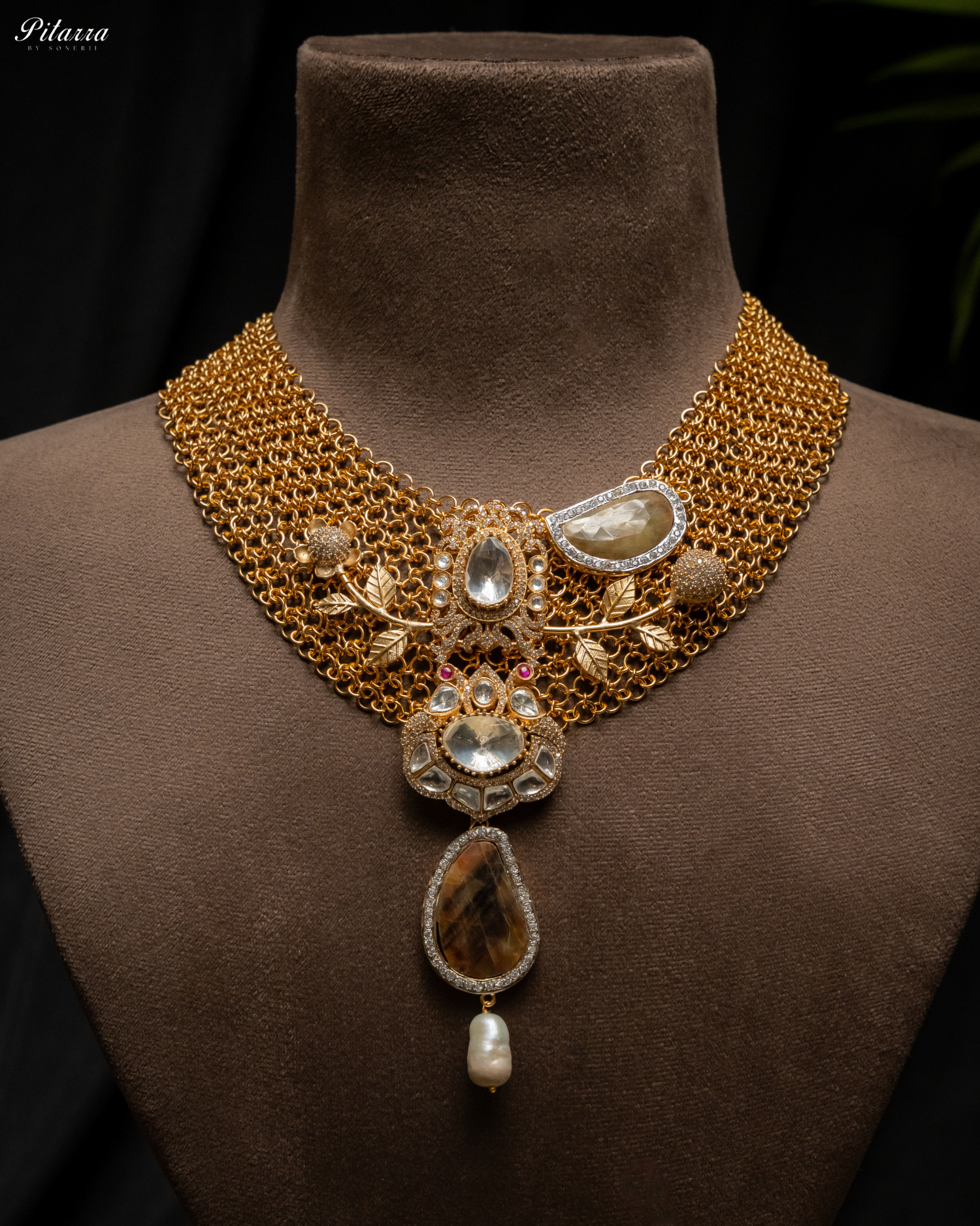 Antique Finish Golden Crystal Stone Kundan Set