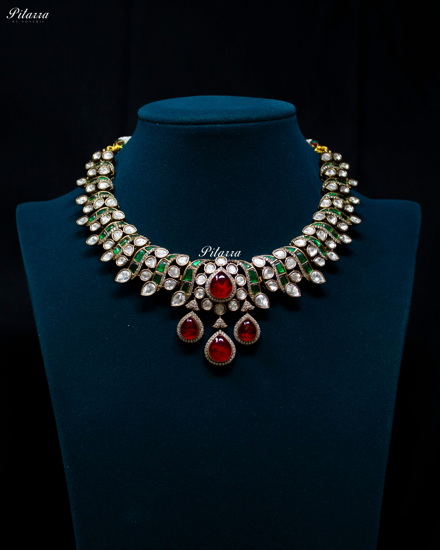 Red Drop Emerald Line Victorian Polki Kundan Necklace Set