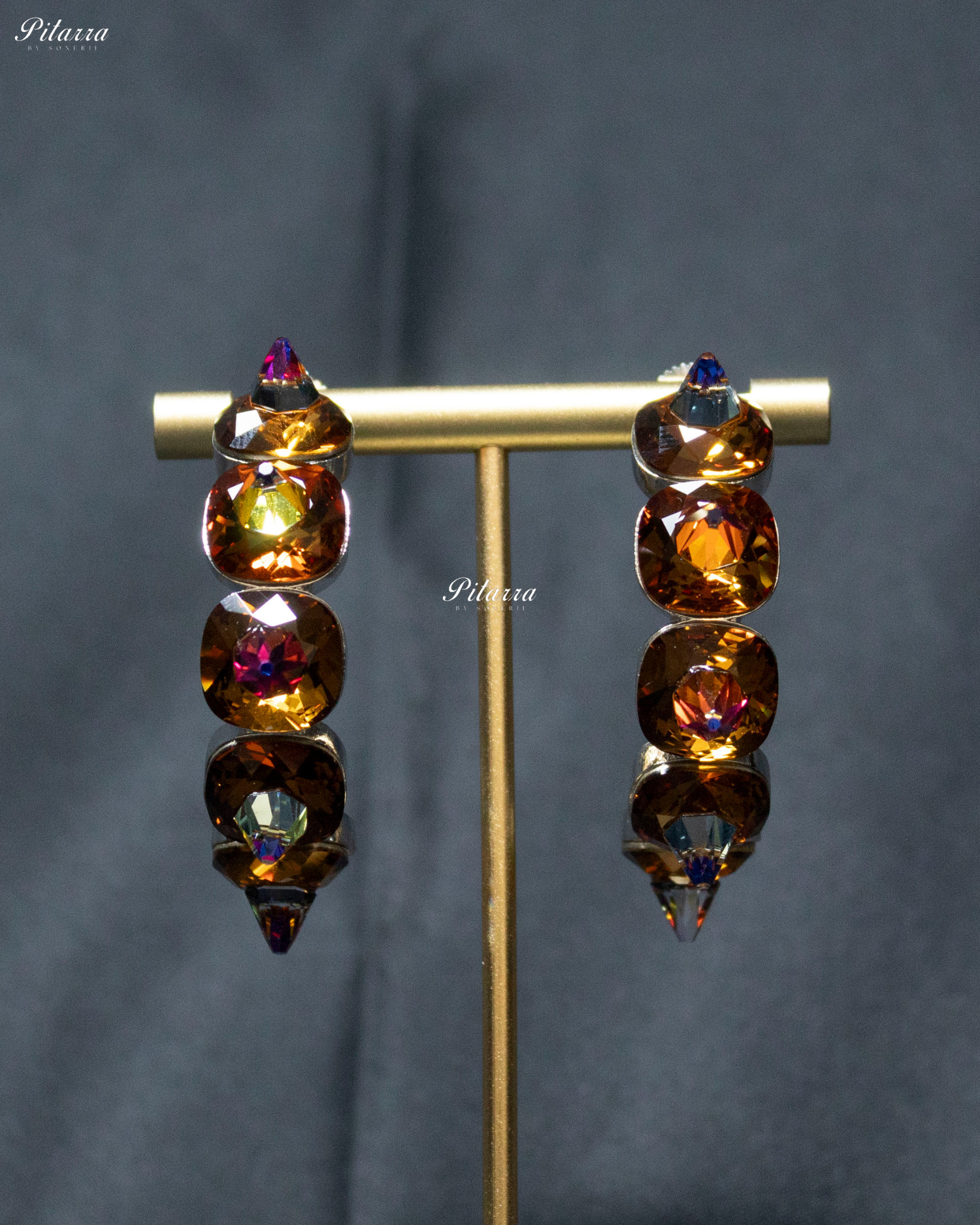 Gold Stone Pyramid Cut Crystal Dangle Earrings