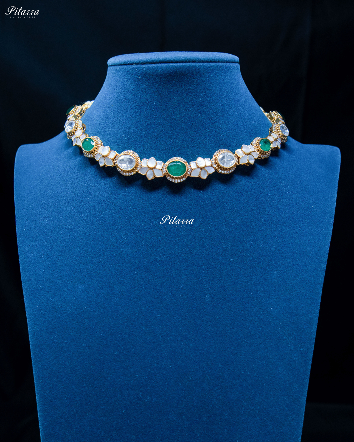 White Flora Green Stone Kundan Choker Set