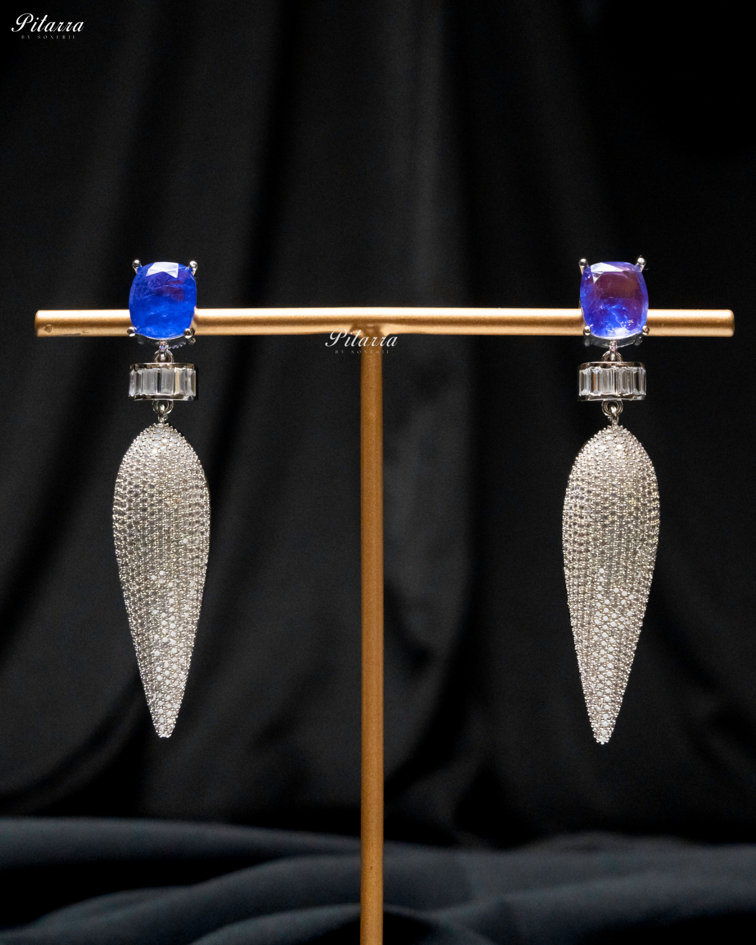 Blue Stone Shiny Teardrop Crystal Dangler Earrings