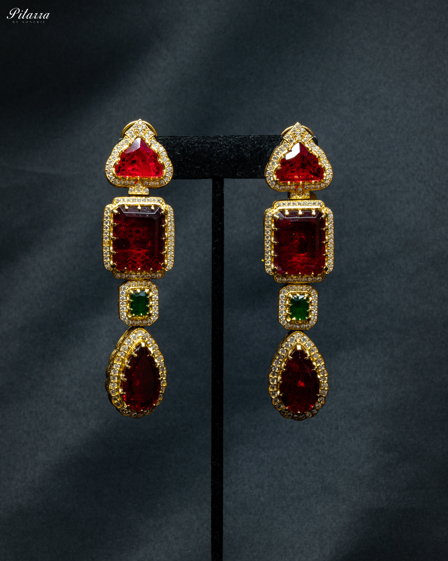 Red Stone Long Doublet Earrings