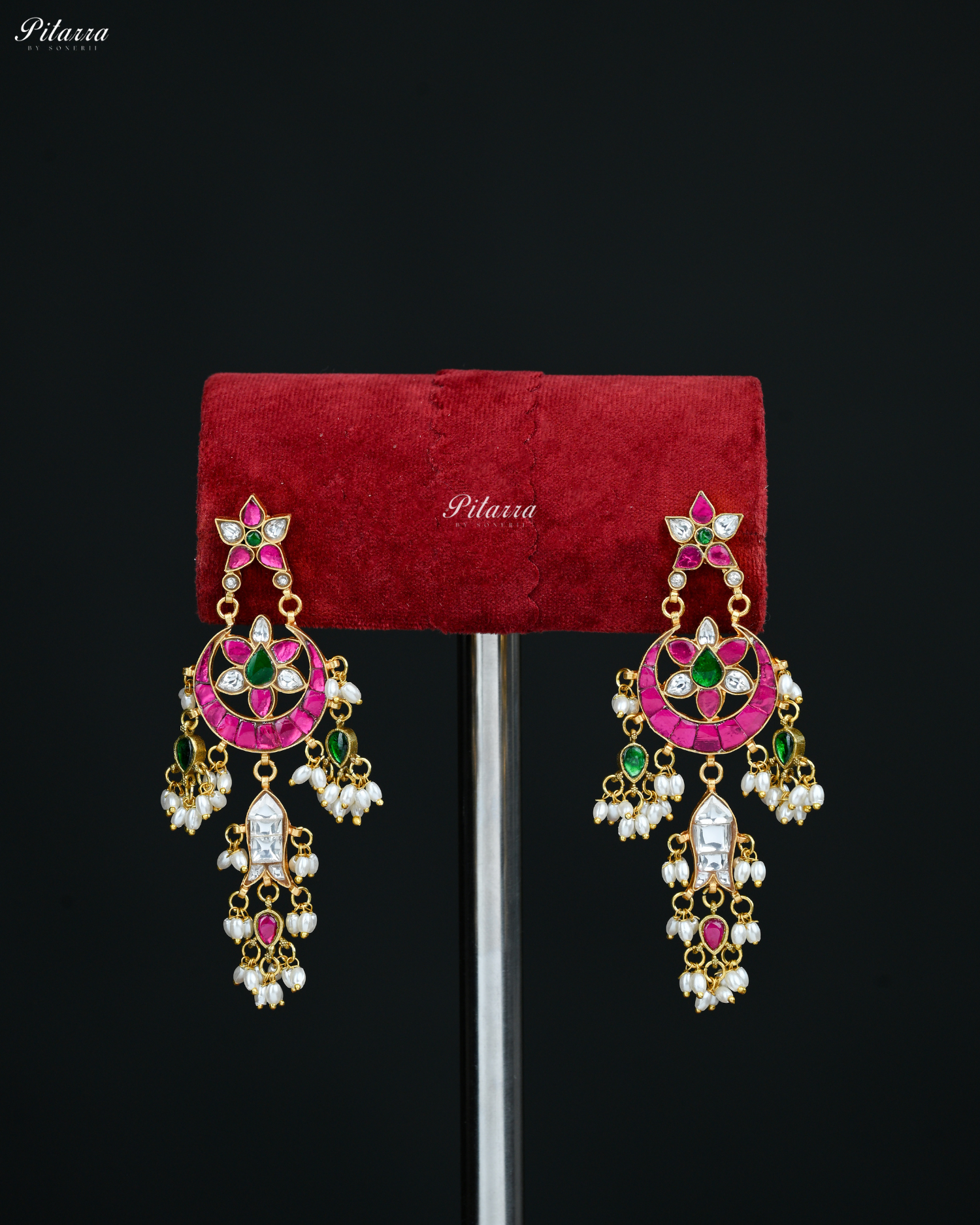 Pink Floral Pearls Kundan Dangle Earrings