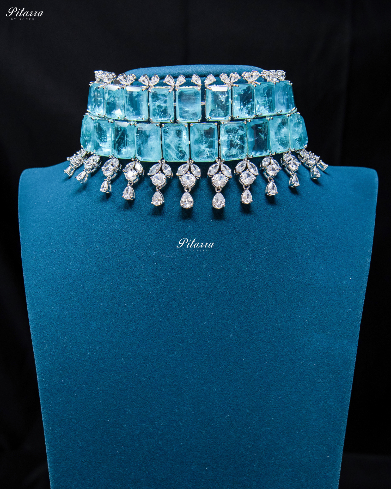 Square Aqua Blue Doublet Statement Choker Necklace Set