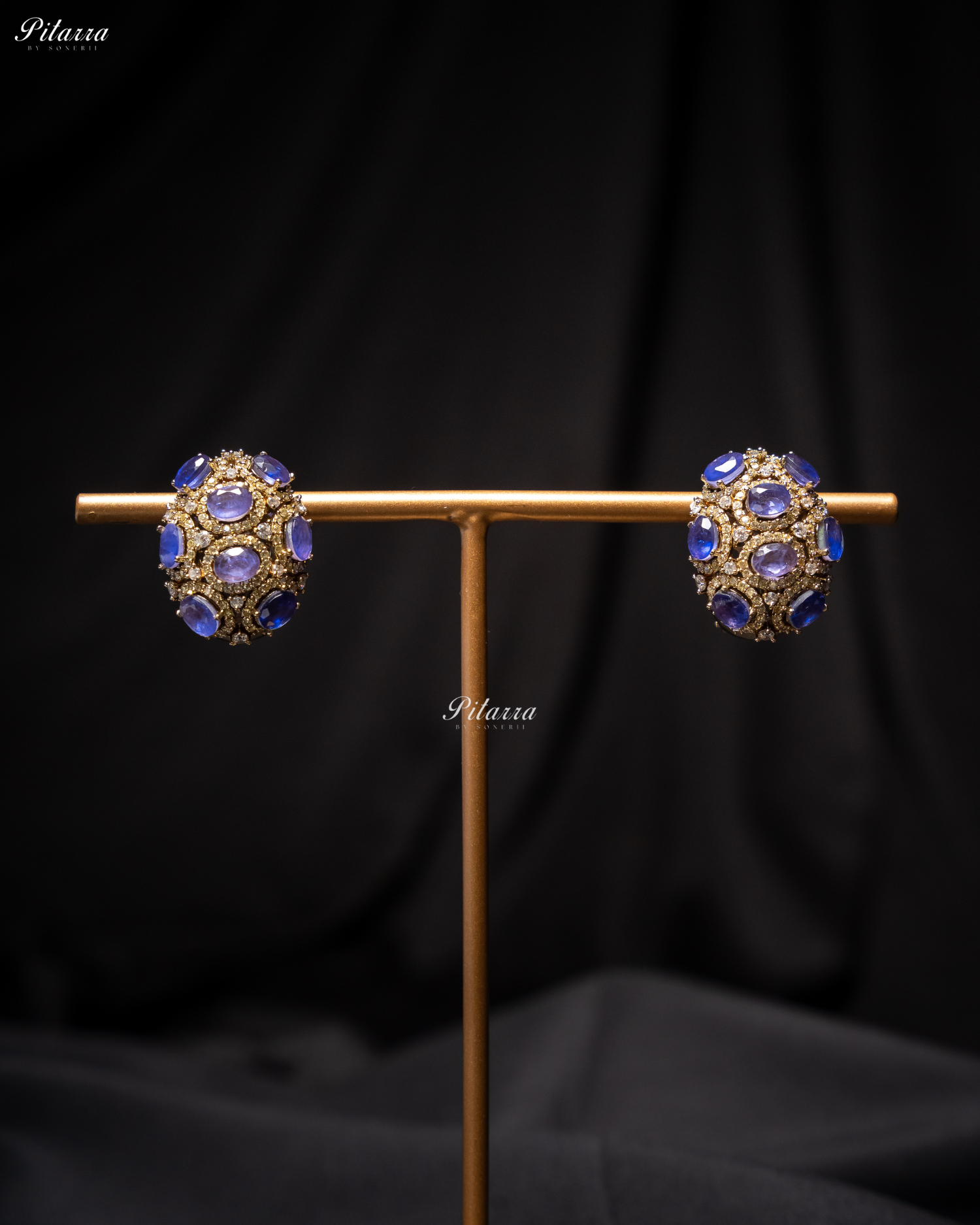 Purple Stone Golden Crystal Stud Earrings