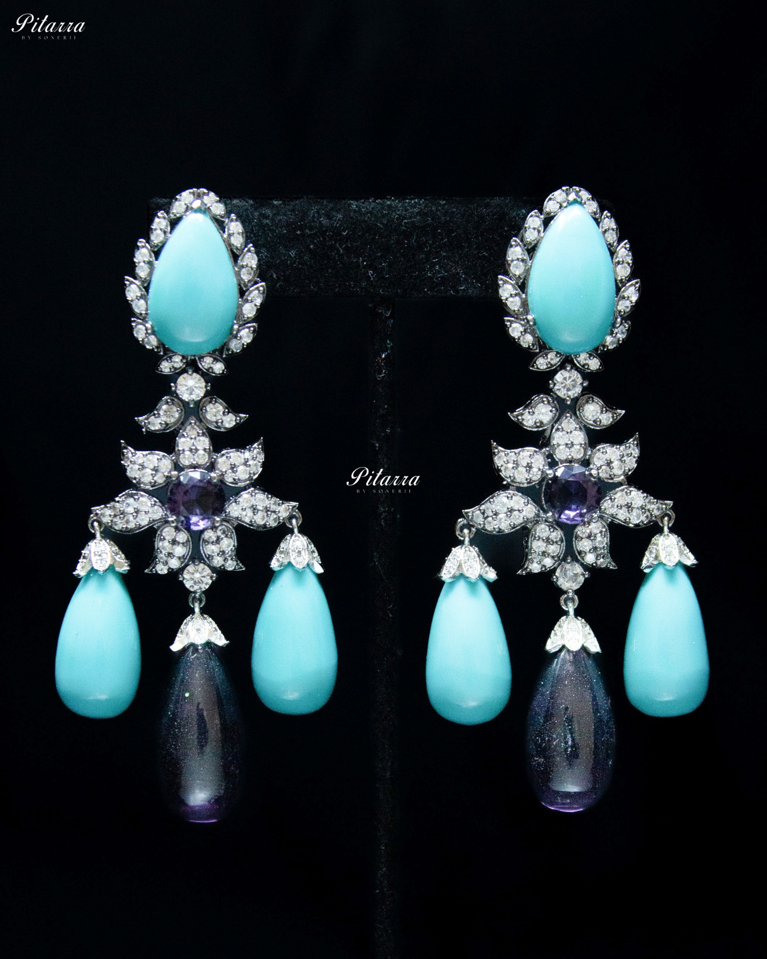 Blue Firoza and Amethyst Statement Crytsal Dangler Earrings