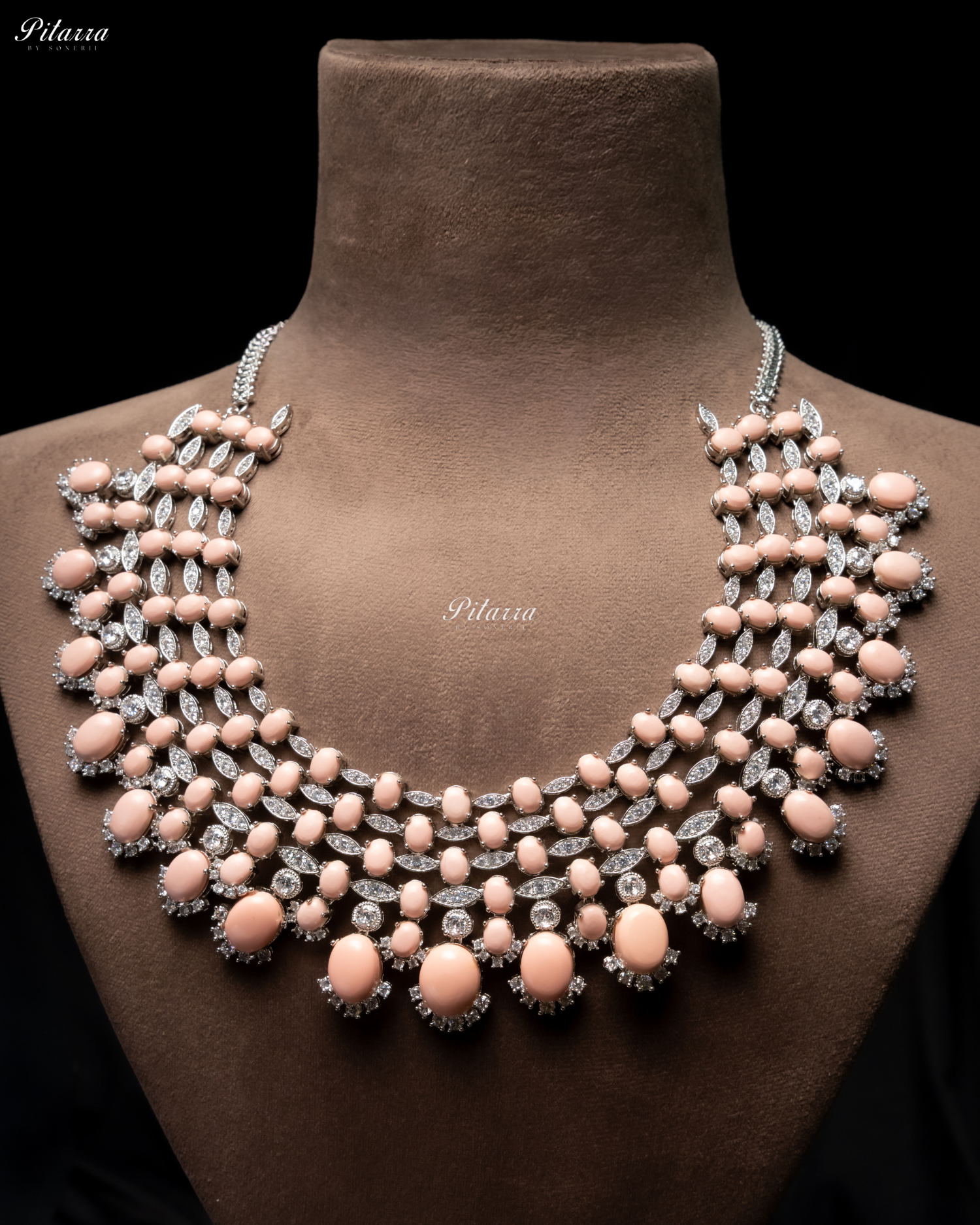 Peach Stone Silver Multi Layer CZ Necklace Set