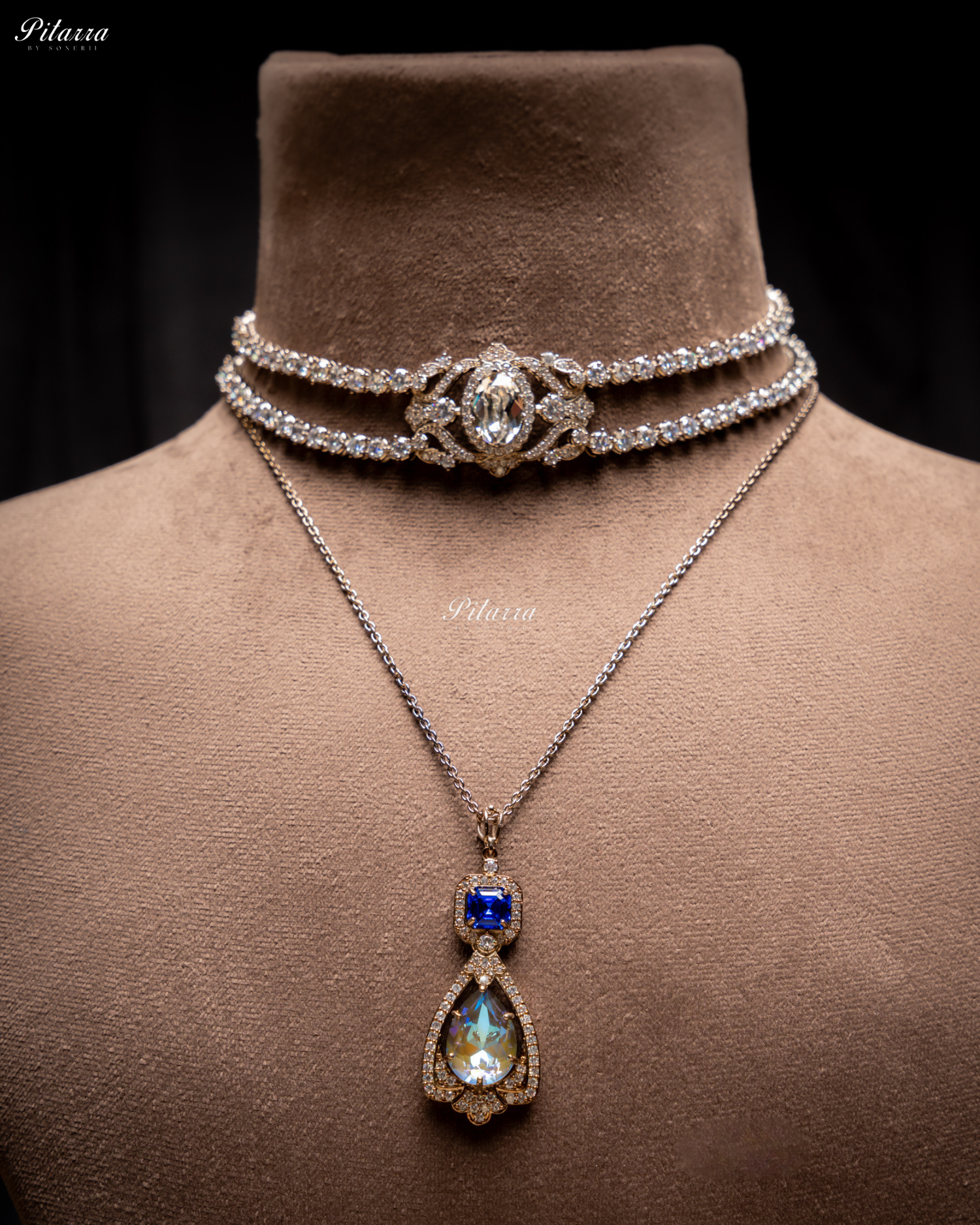 Navy Blue Stone Layered Zircon Necklace Set