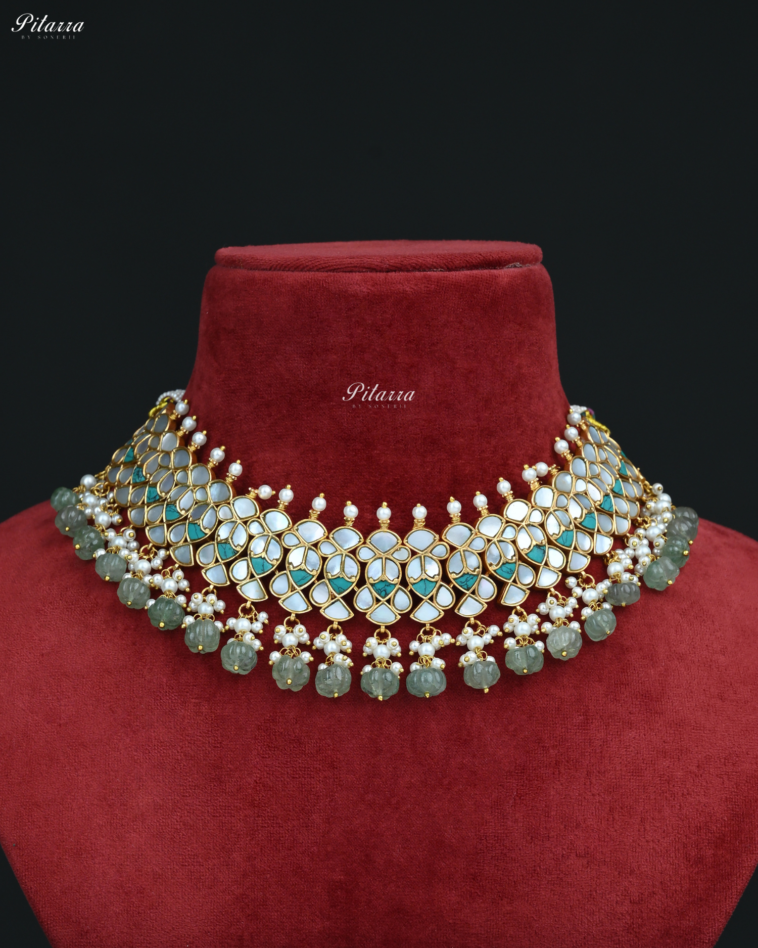 Green Beads Gold Finish Traditional Kundan Choker Set