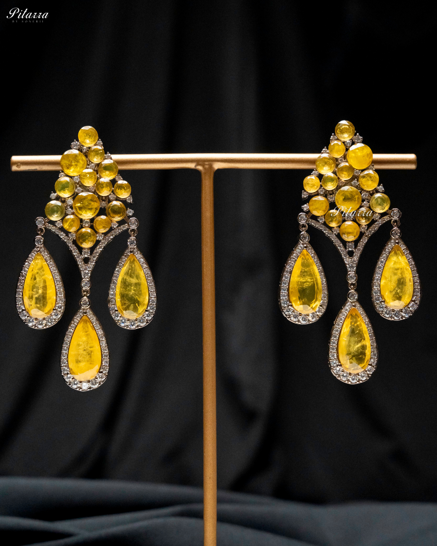 Yellow Stone Three Teardrop CZ Crystal Dangler Earrings