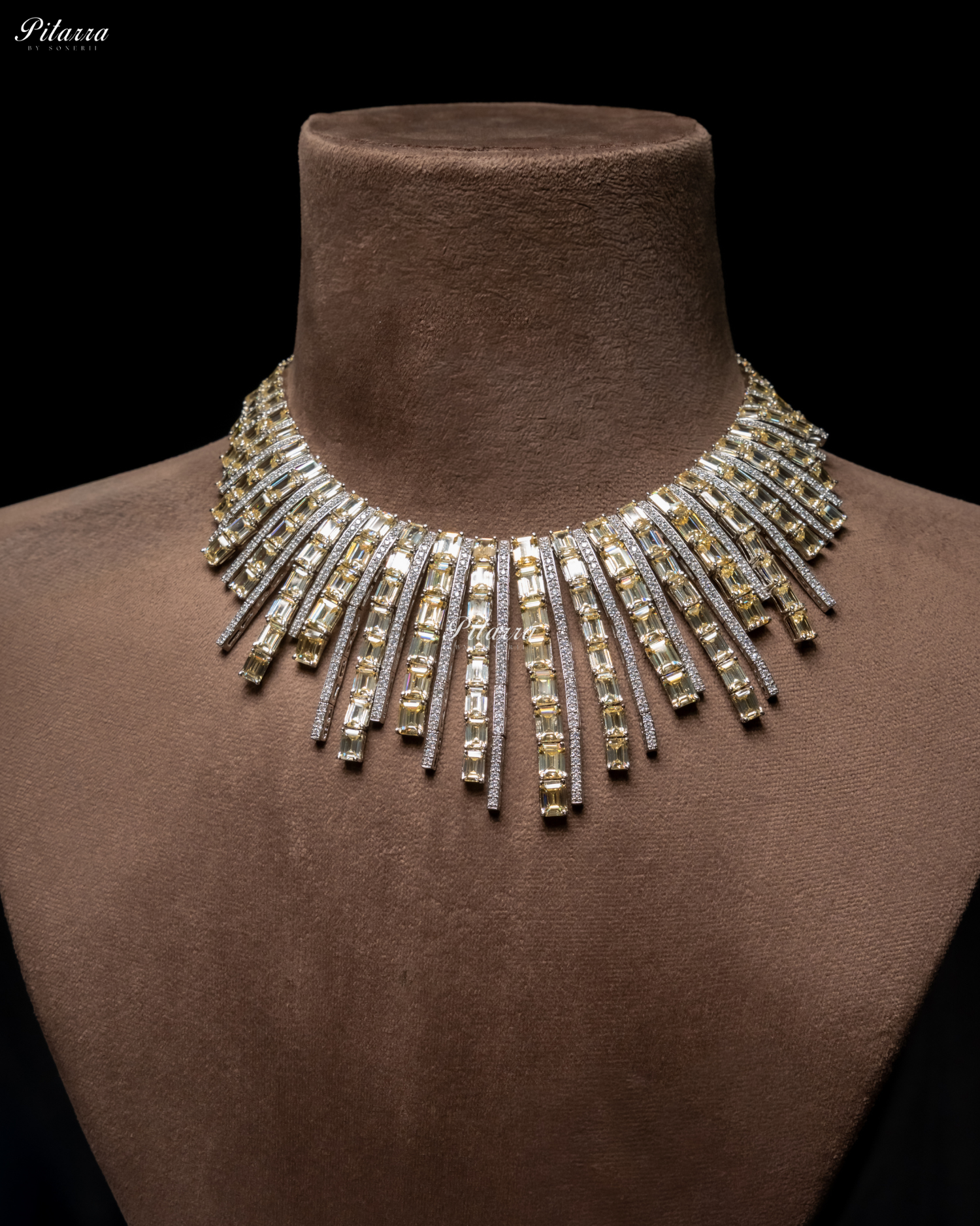 Silver Yellow Line Design Victorian Necklace Set