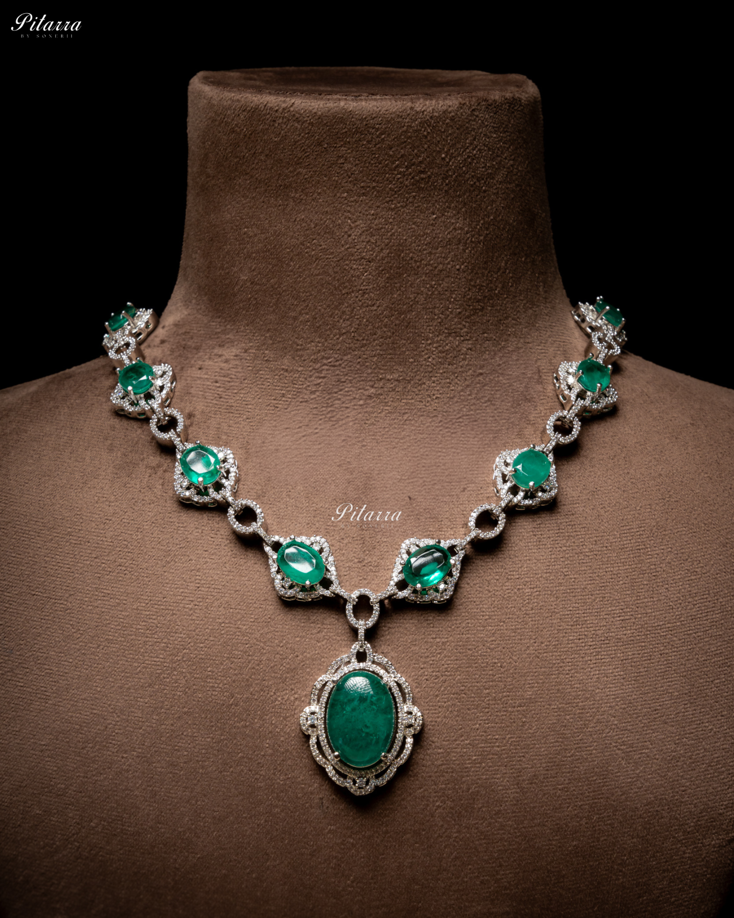 Emerald Stone Silver Finish Tone Crystal Necklace Set