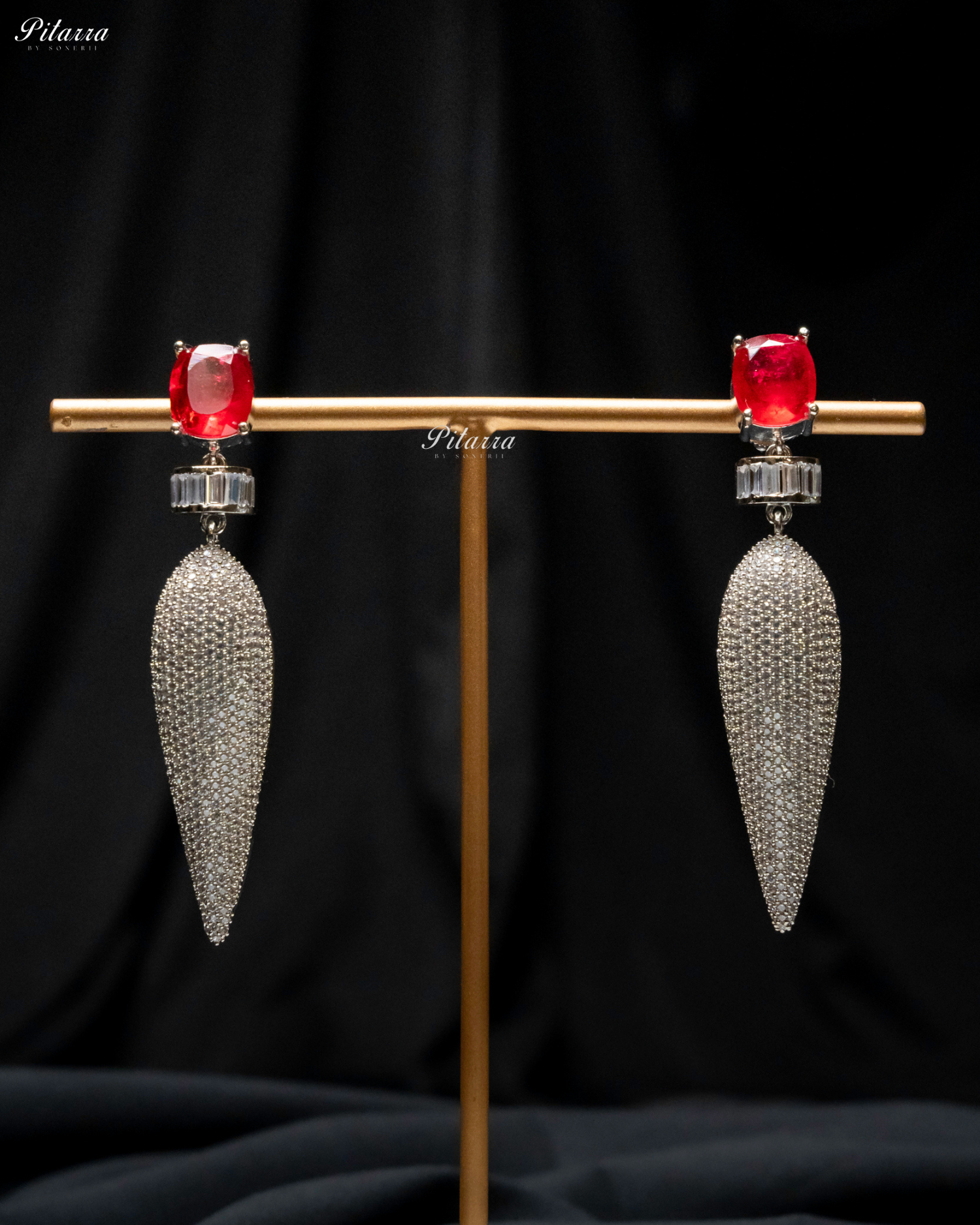 Red Stone Shiny Teardrop Doublet Dangler Earrings