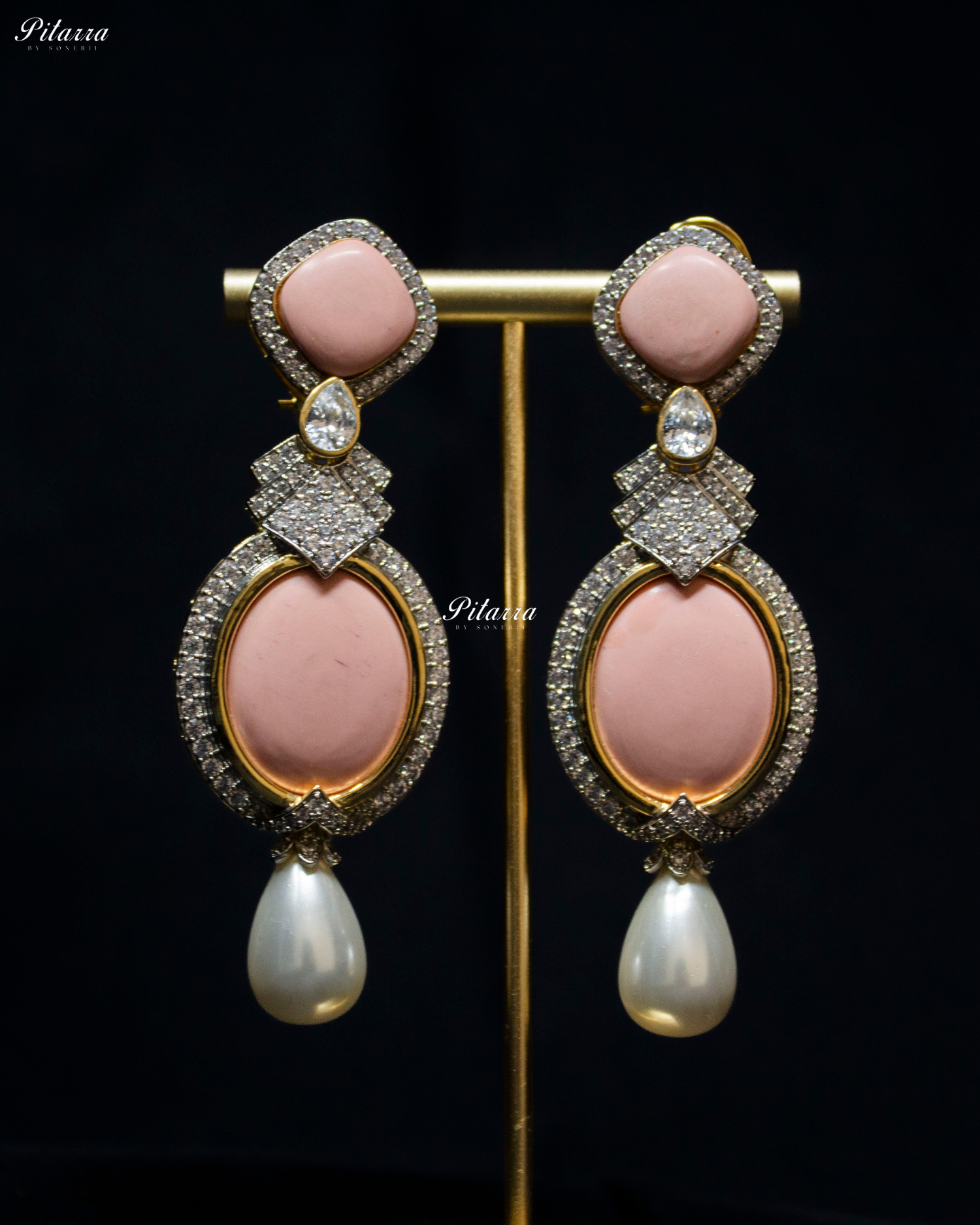Peach Pearl Stone Silver CZ Dangler Earrings
