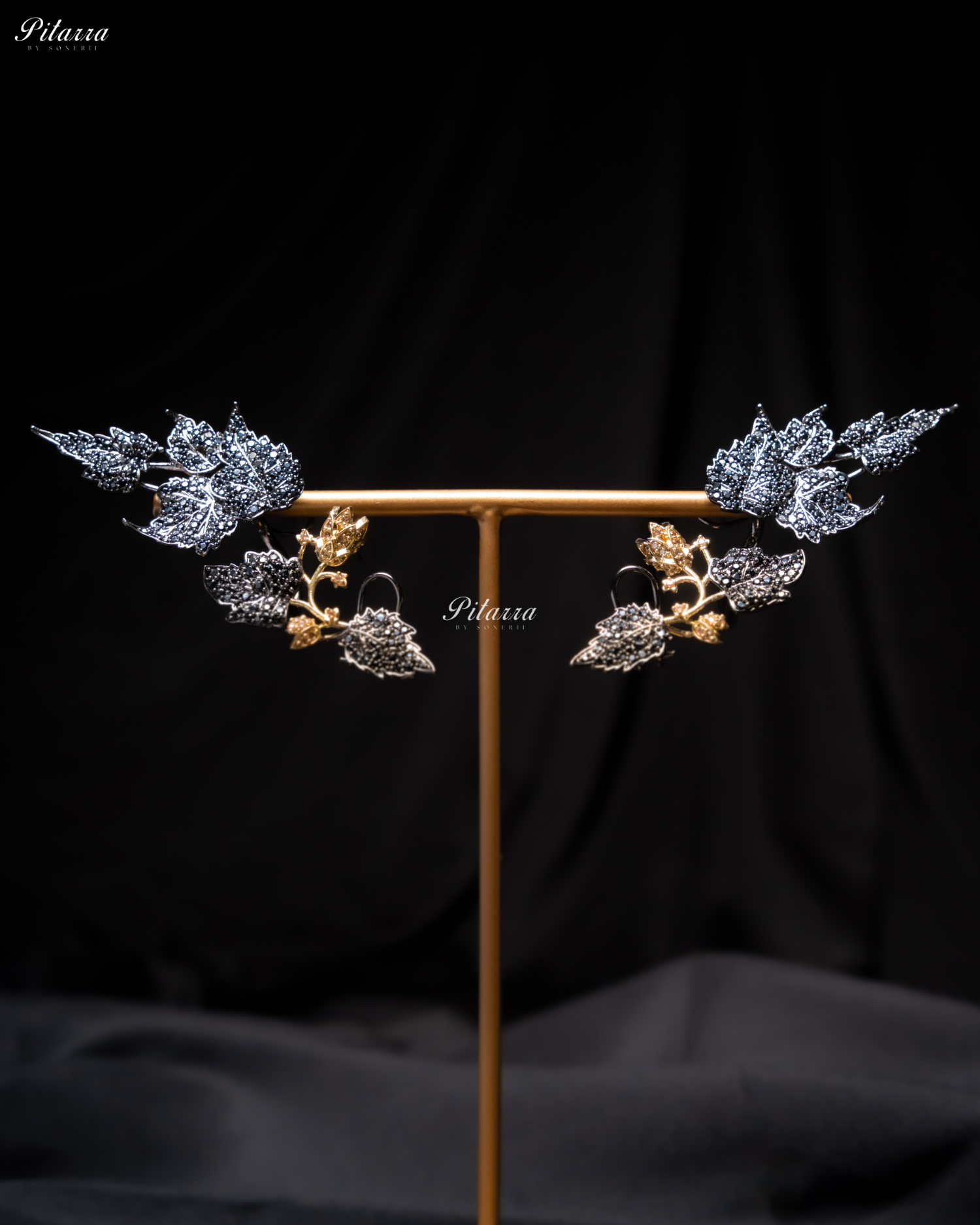 Black Unique Leaf Shaped Crystal Earrings