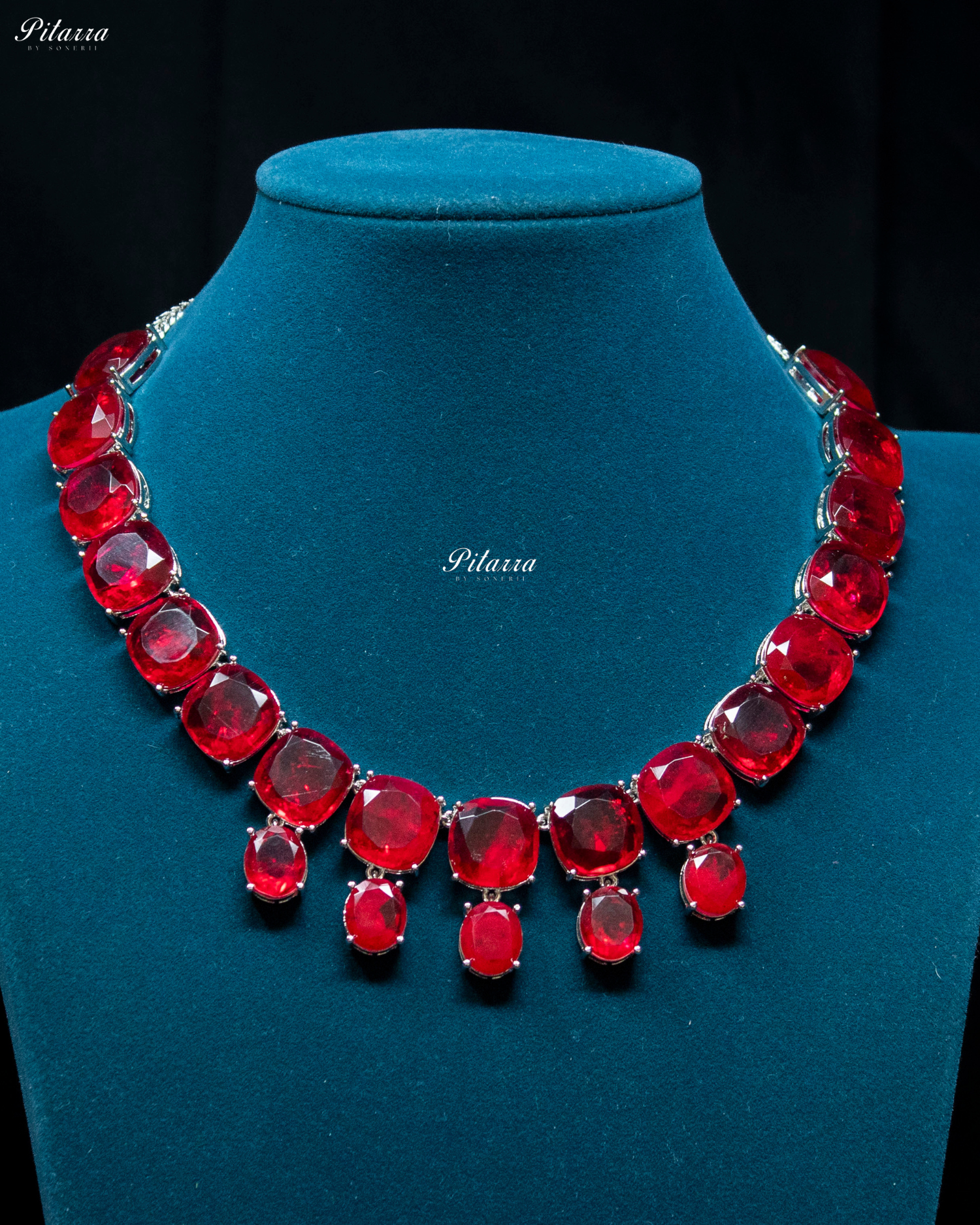 Ruby Square Stone Premium Crystal Necklace Set