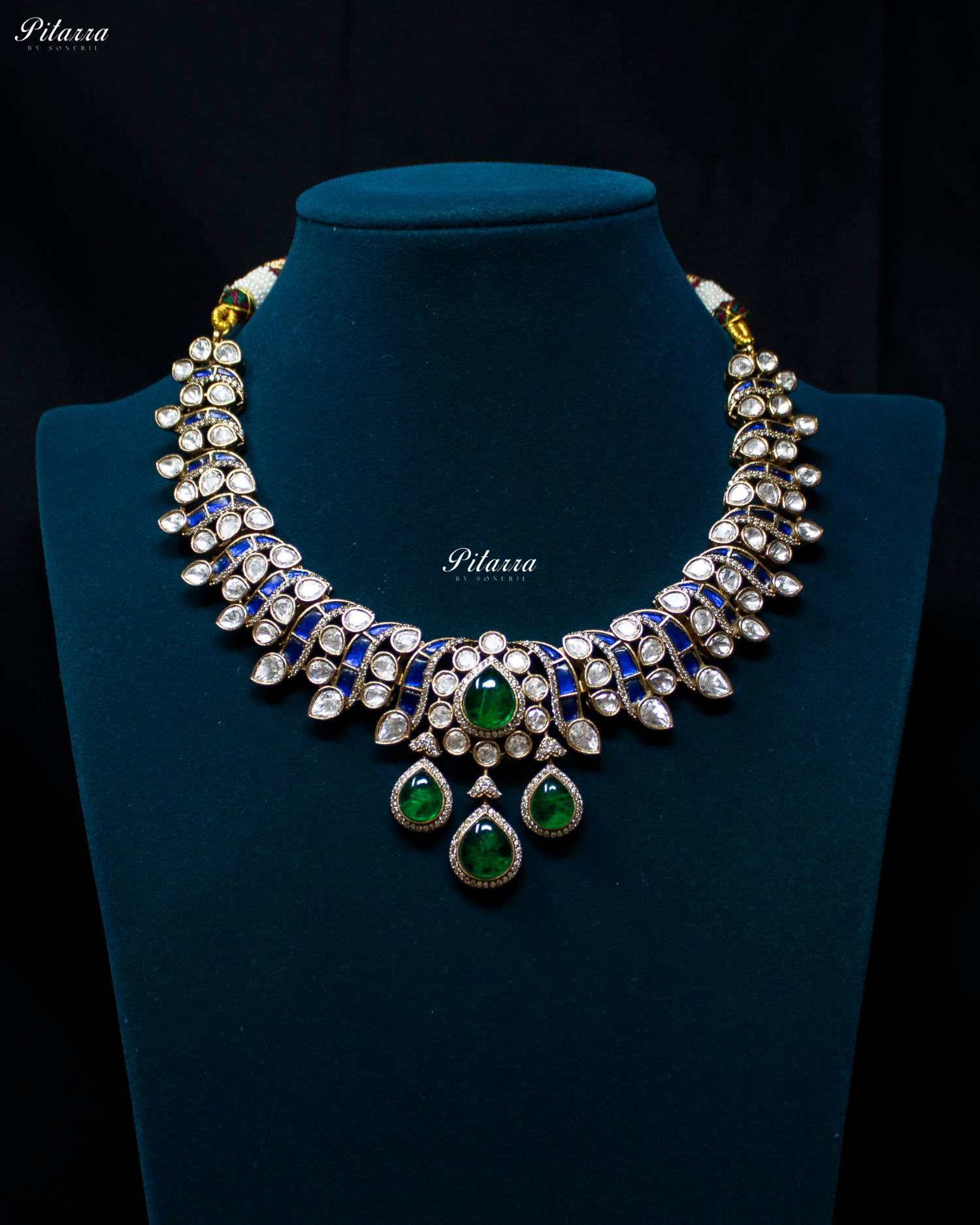 Emerald Drop Blue Line Victorian Polki Kundan Necklace Set