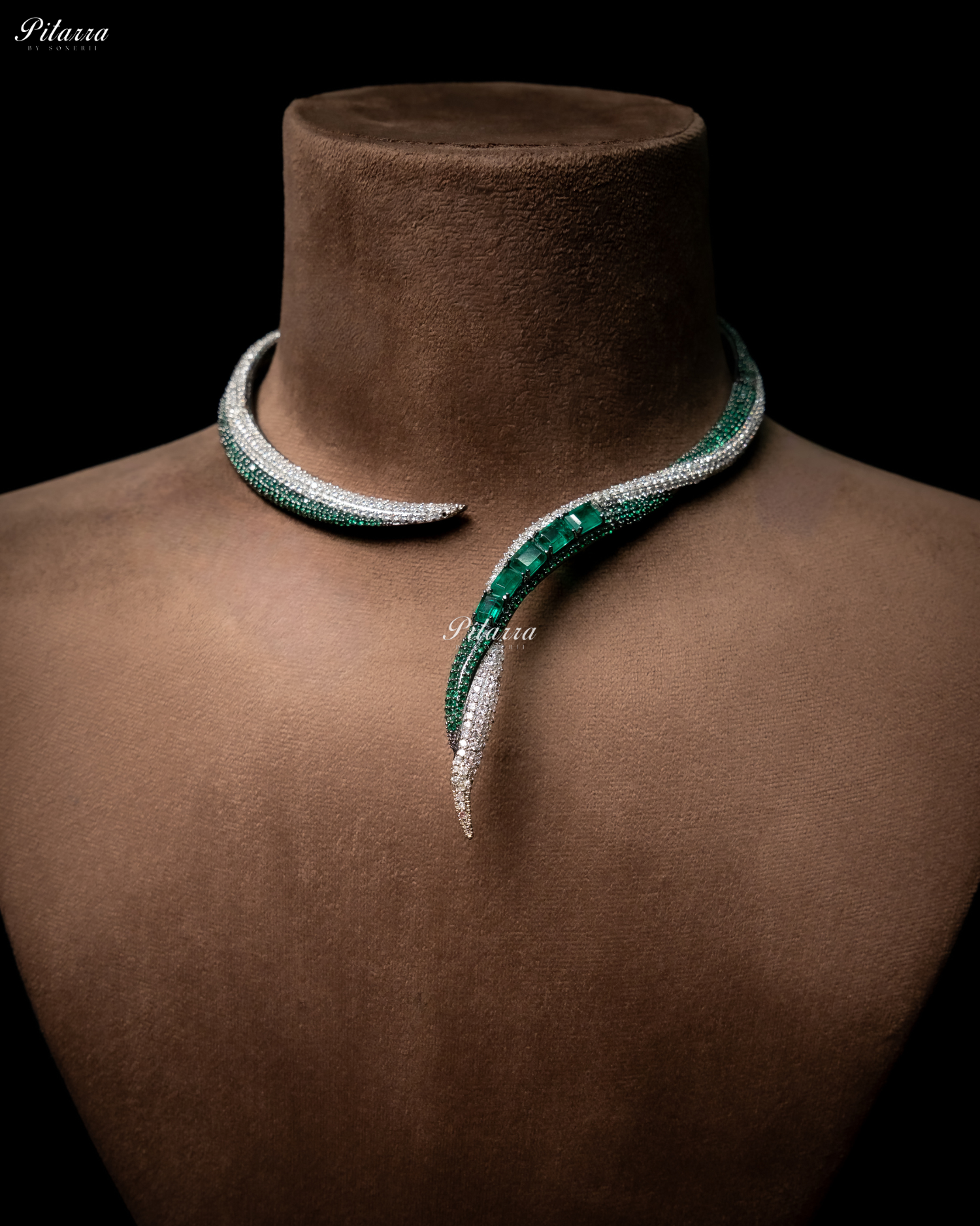 Emerald Stone Sleek CZ Choker Statement Necklace Set