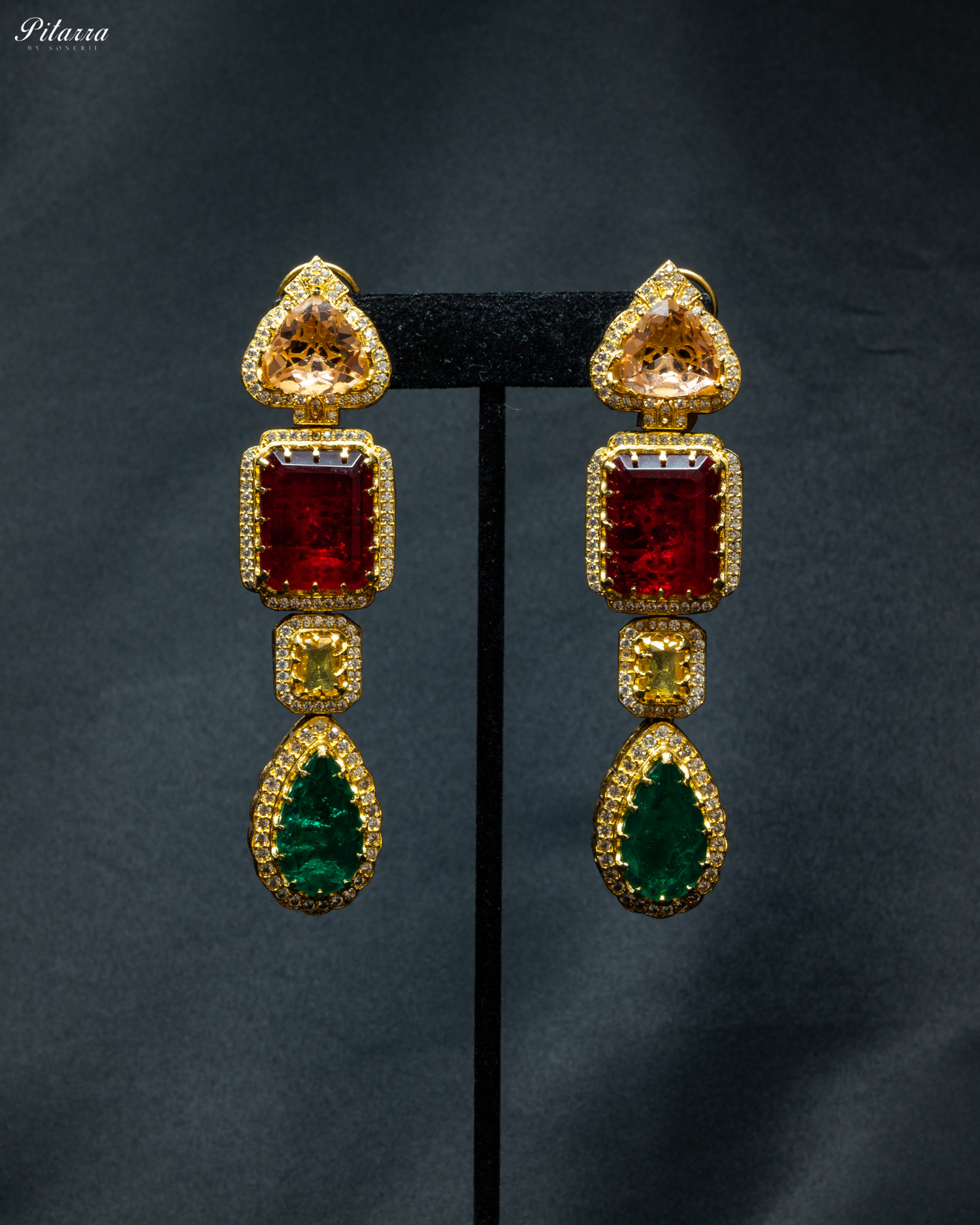 Green and Red Stone Long Doublet Earrings