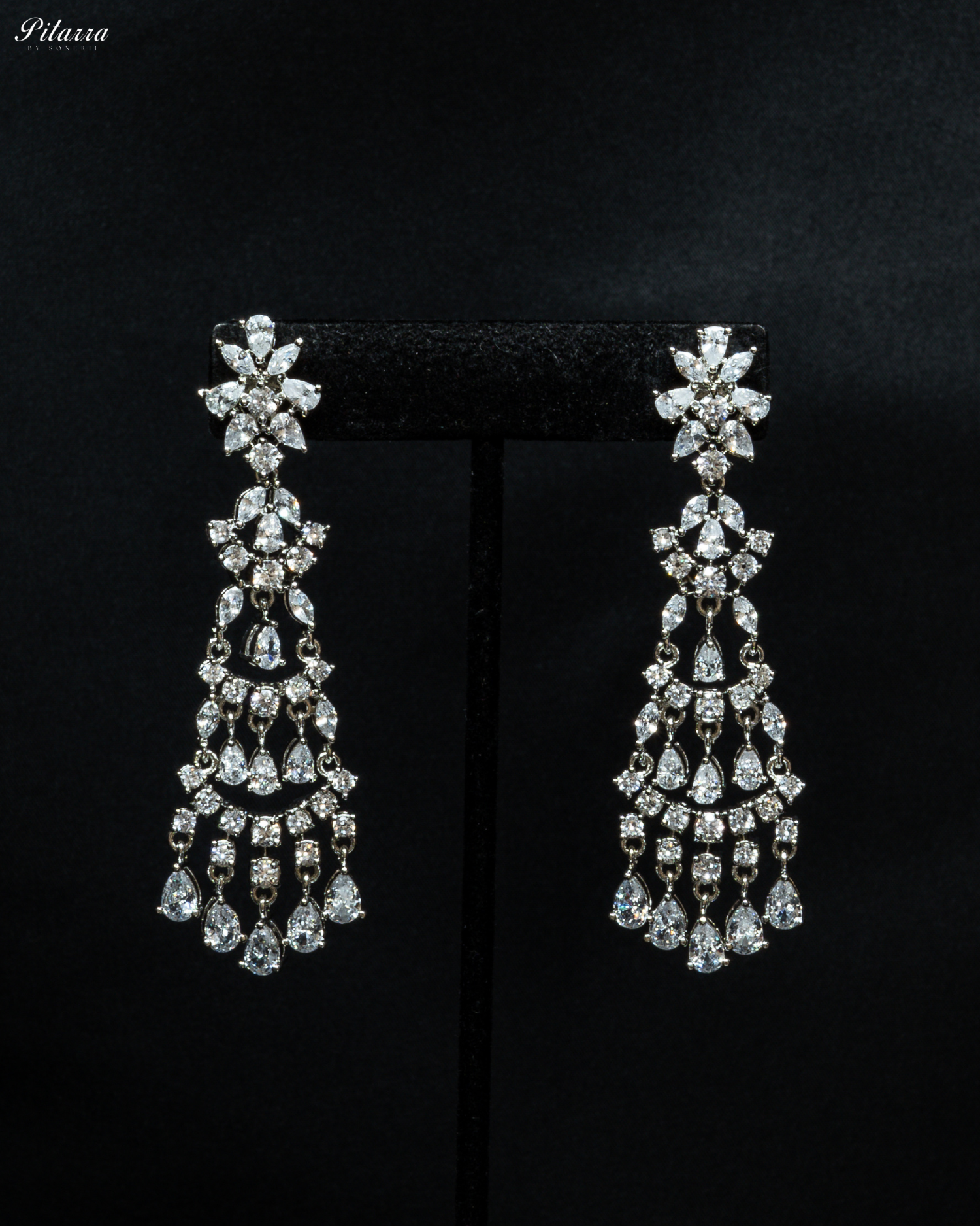 Long Silver Finish CZ Crystal Dangle Earrings