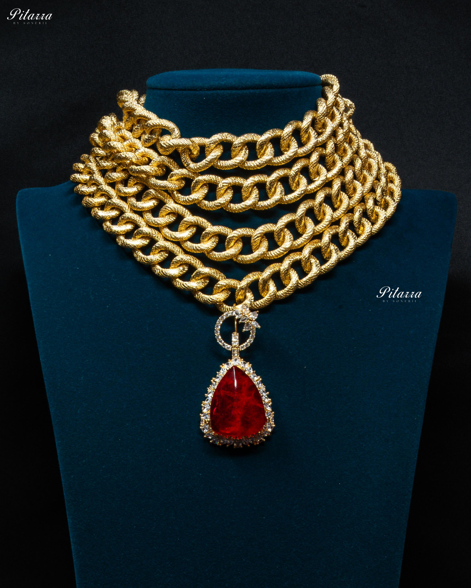 Golden Multilayered Red Stone Statement Pendant Chain Choker