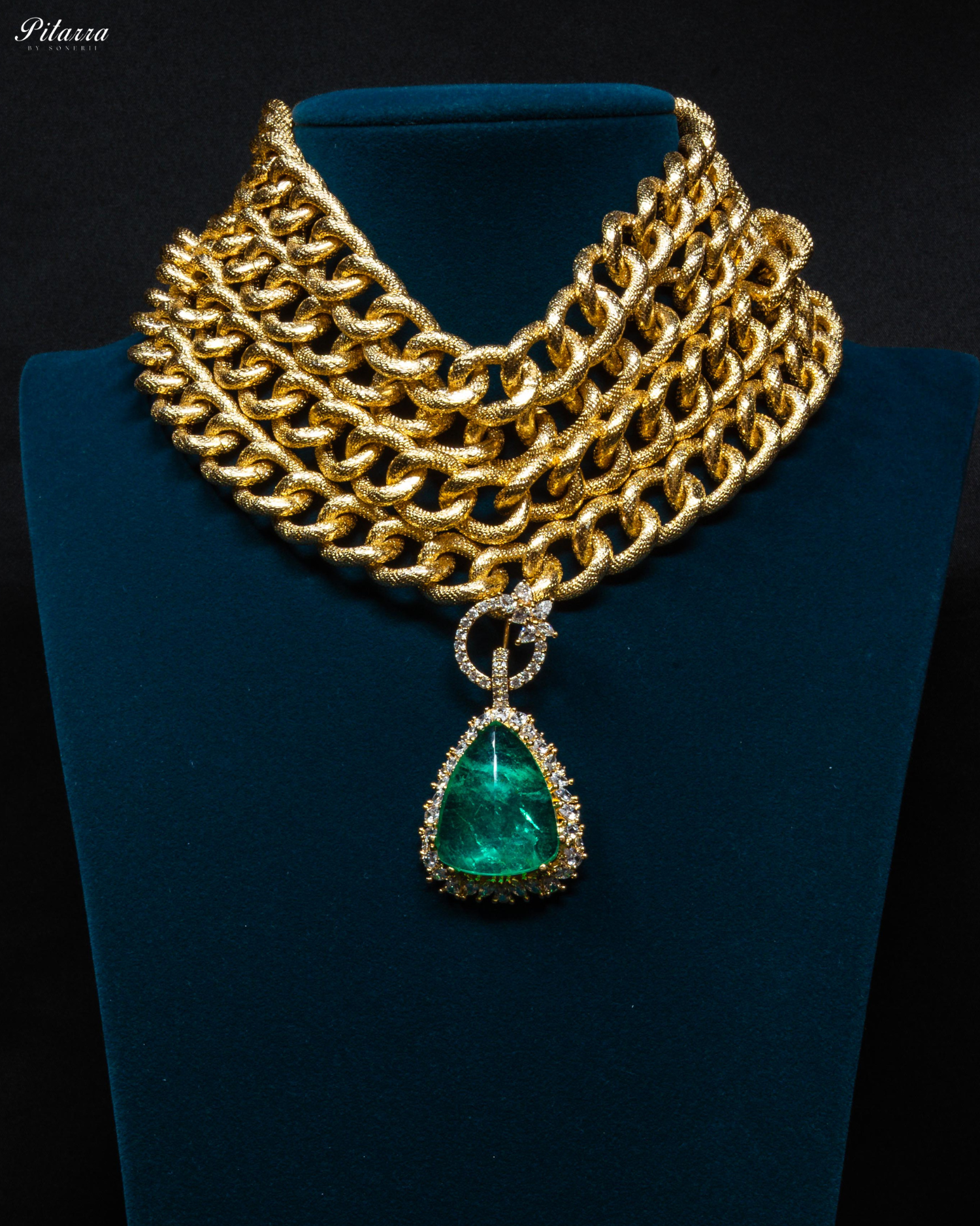 Golden Multilayered Green Stone Statement Pendant Chain Choker