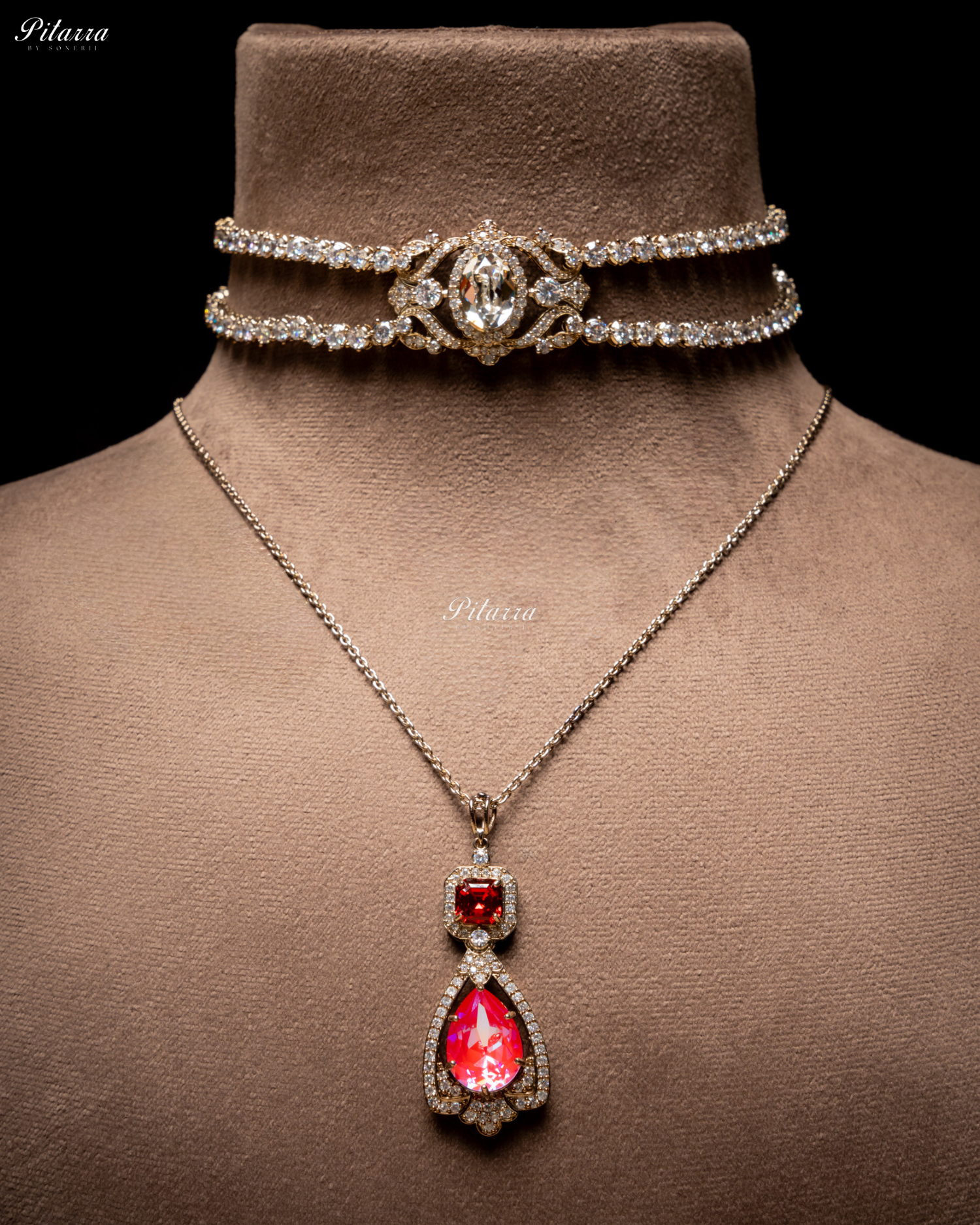Red Stone Layered Zircon Necklace Set