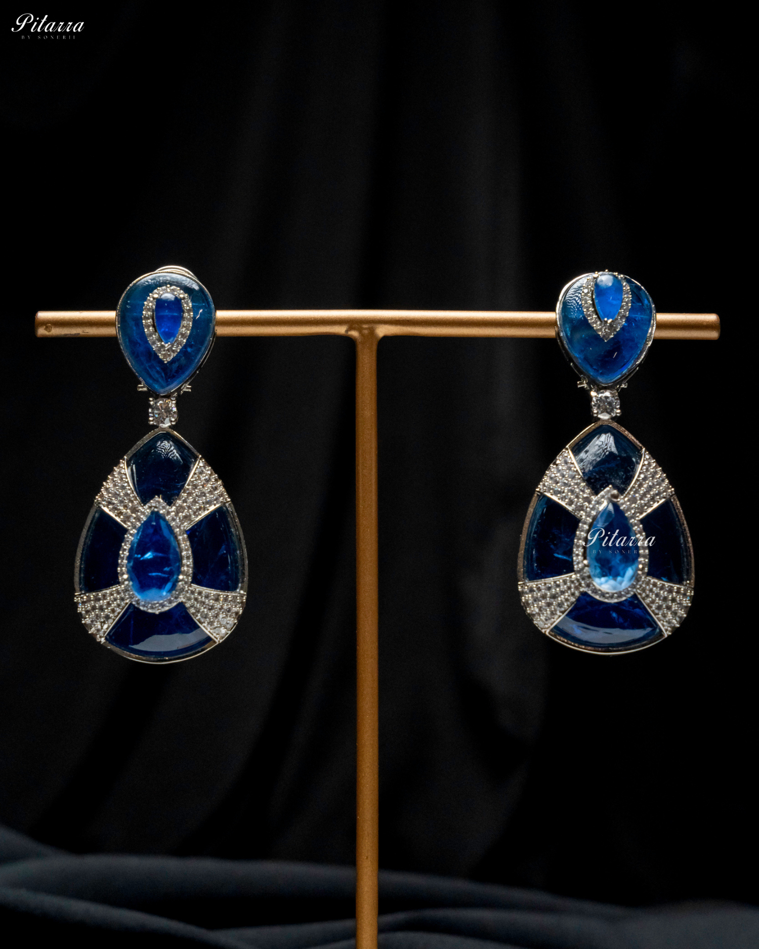 Blue Stone Blue Drop Silver Line Crystal Dangler Earrings