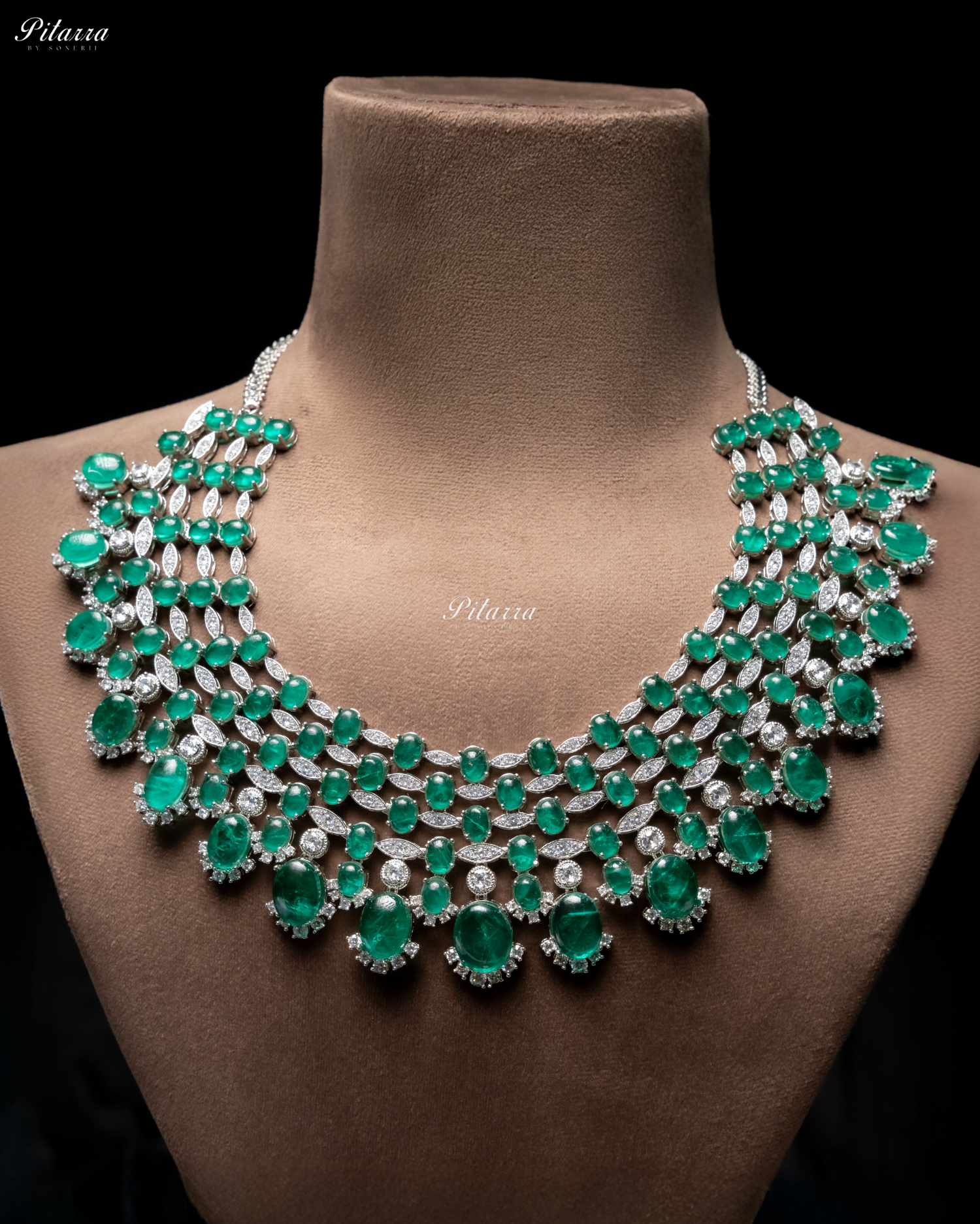 Emerald Stone Silver Multi Layer CZ Necklace Set