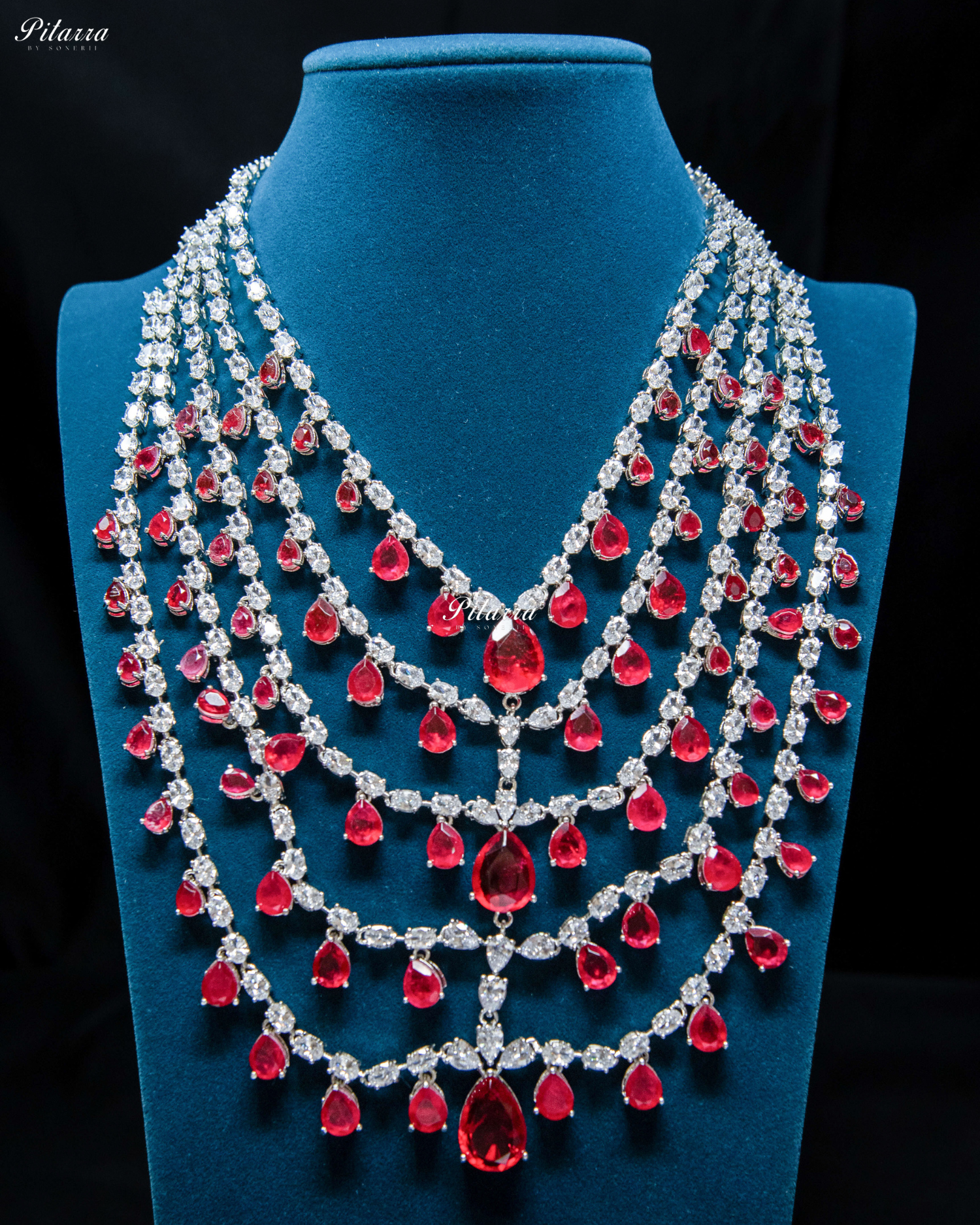 Five Layer Red CZ Stone Studded Crystal Necklace Set