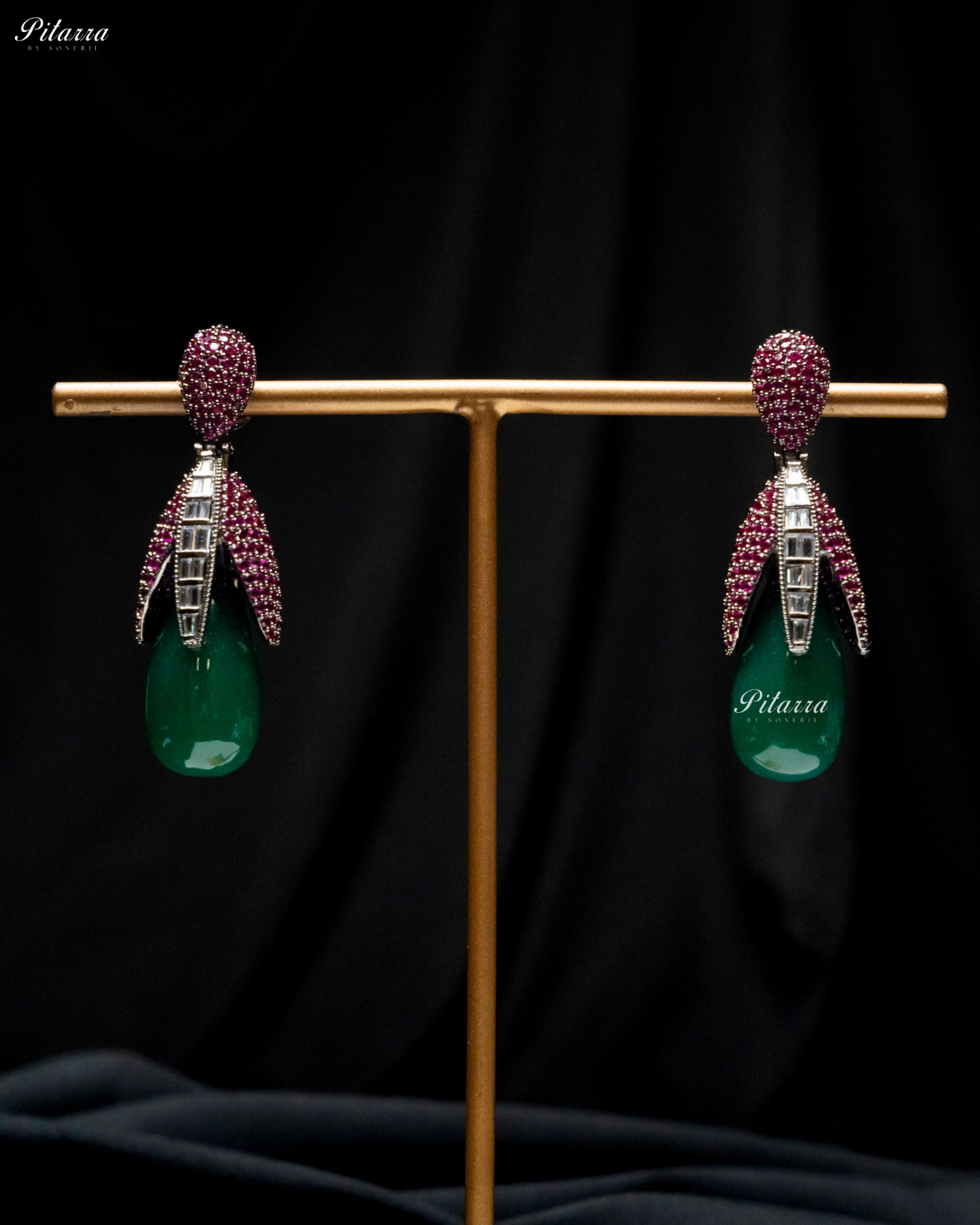 Pink Leaf Emerald Teardrop CZ Crystal Earrings