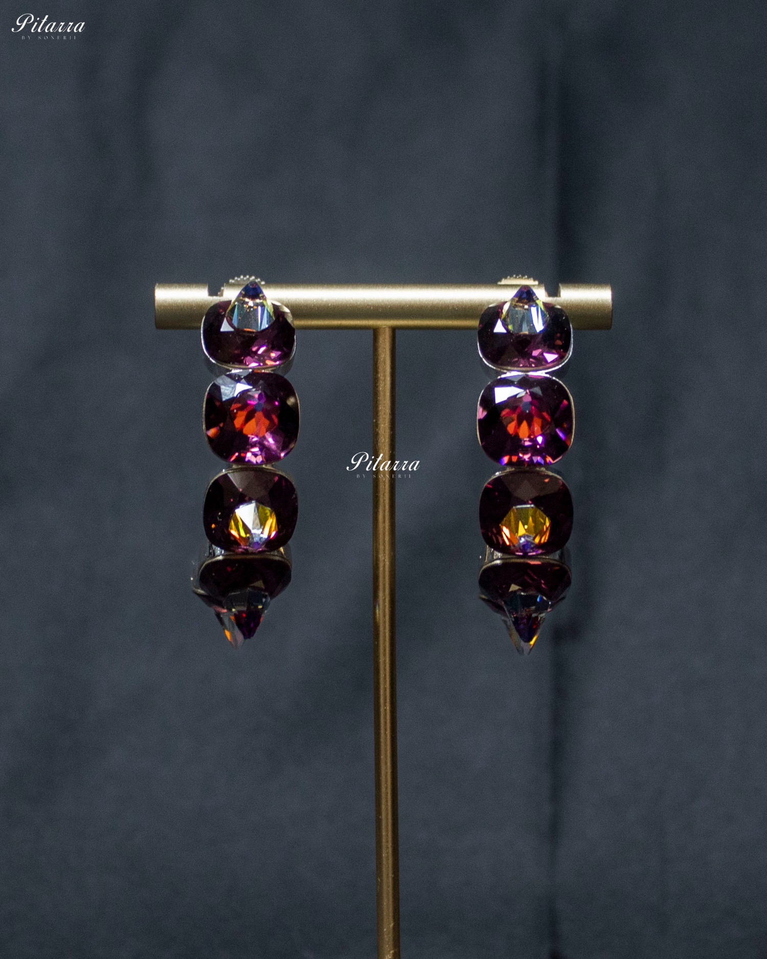 Wine Red Stone Pyramid Cut Crystal Dangle Earrings