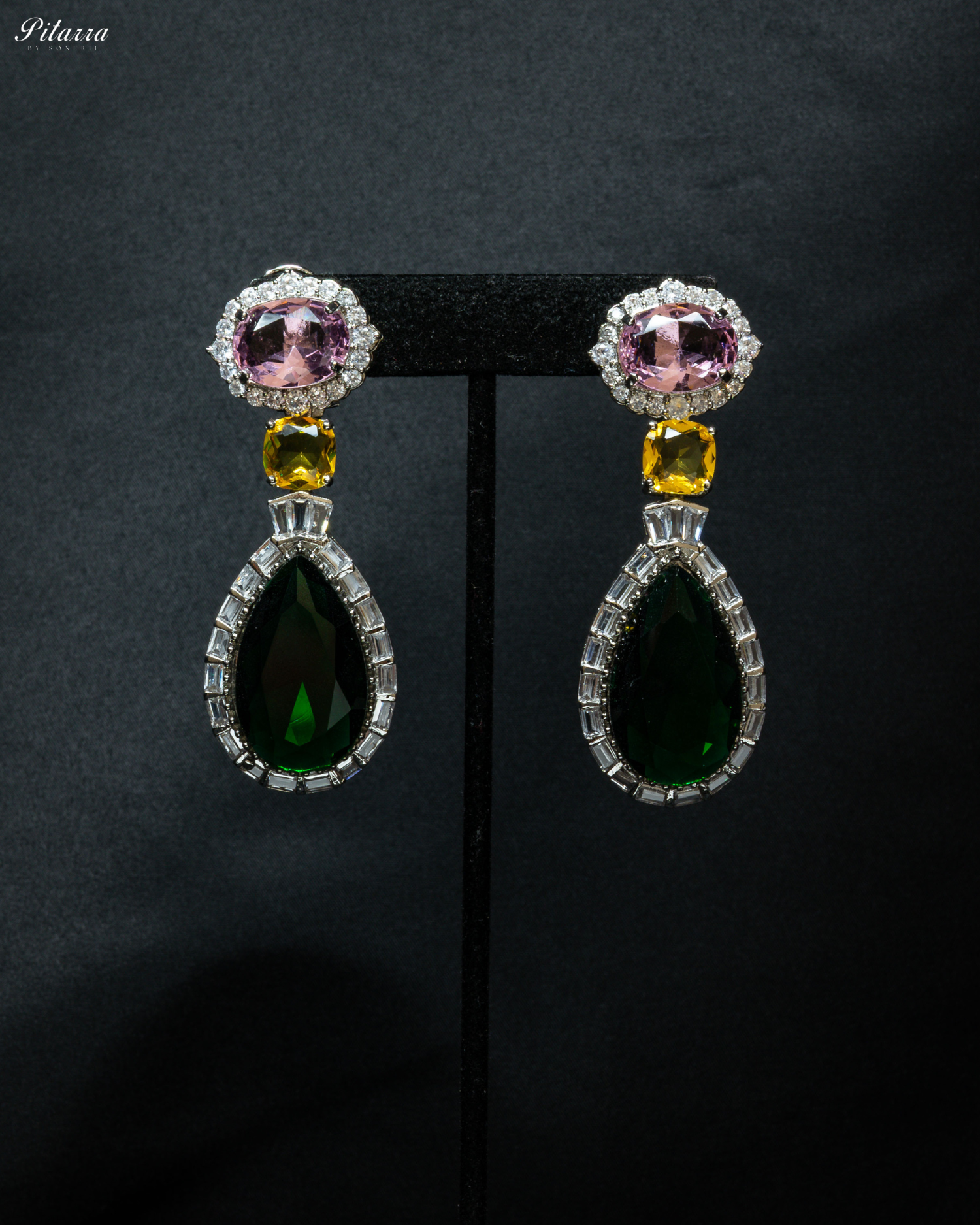 Silver Finish Green Drop Zircon Earrings