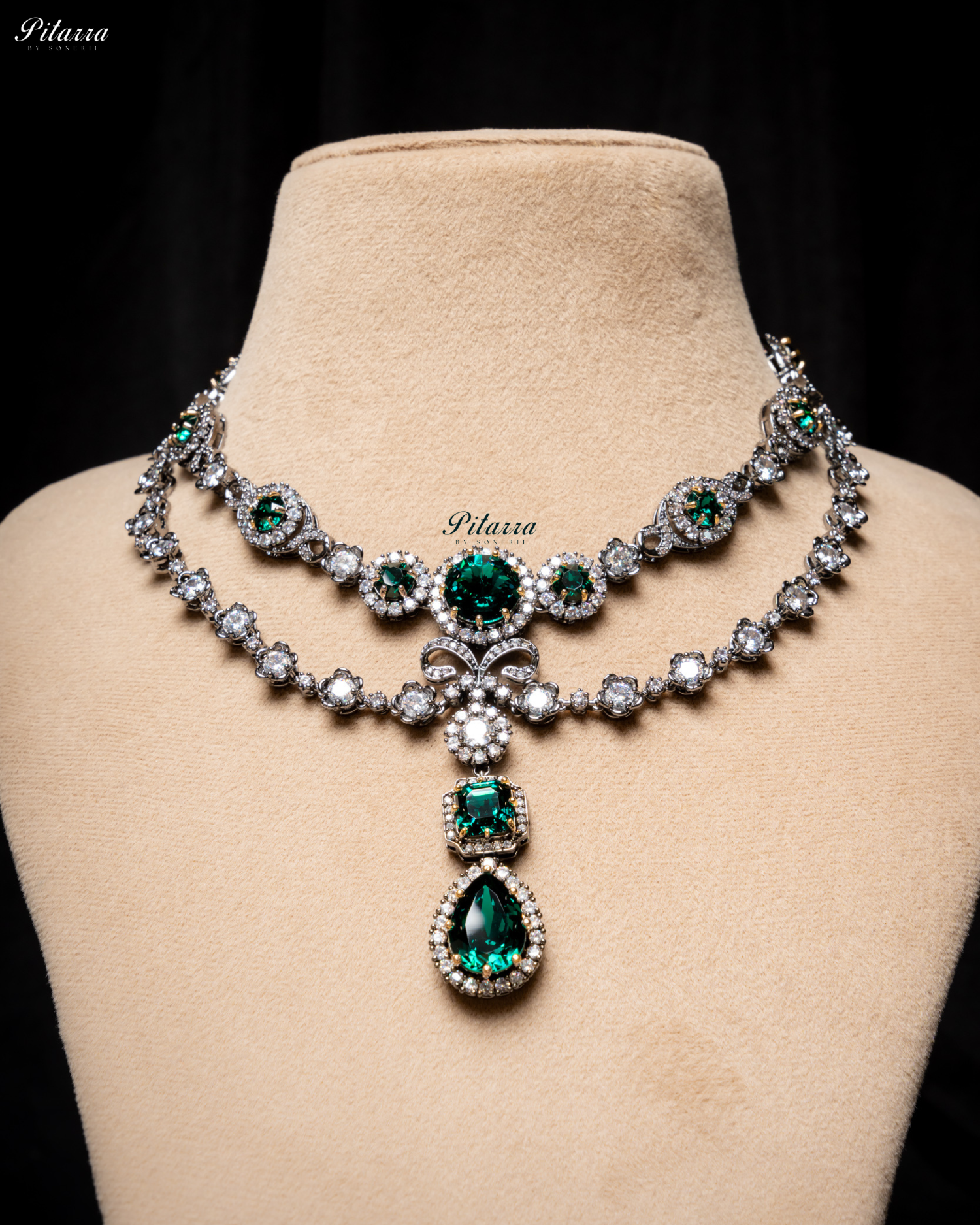 Emerald Two Layer Silver CZ Necklace Set