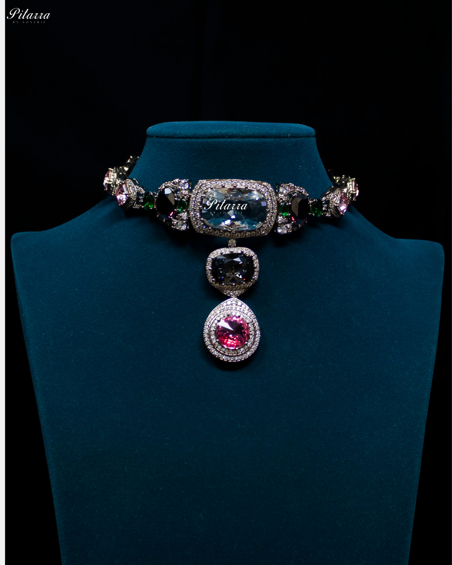 Clear, black and Pink Three Crystal Choker Set