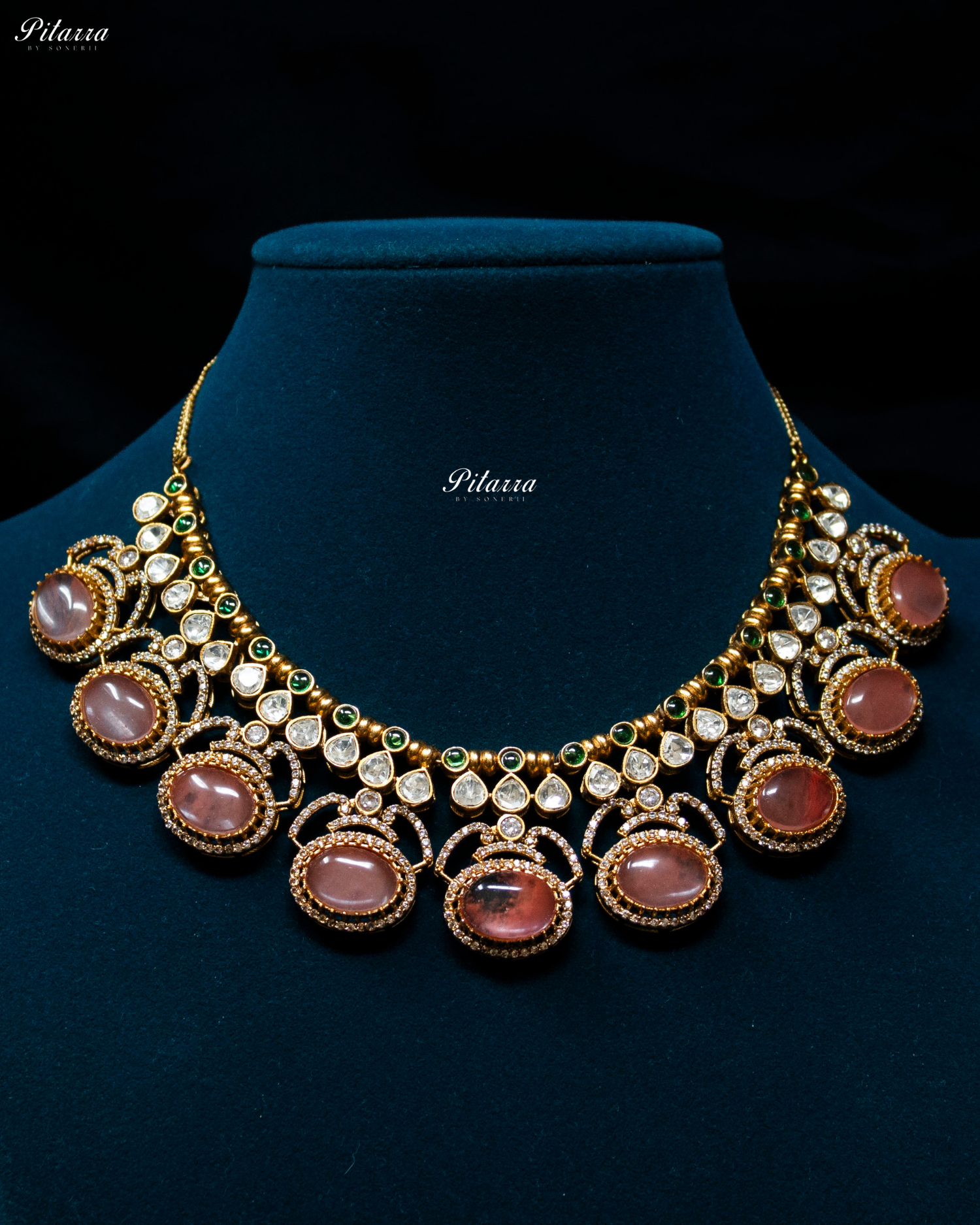 Pitarra Pink Stones Moissanite Kundan Necklace Set