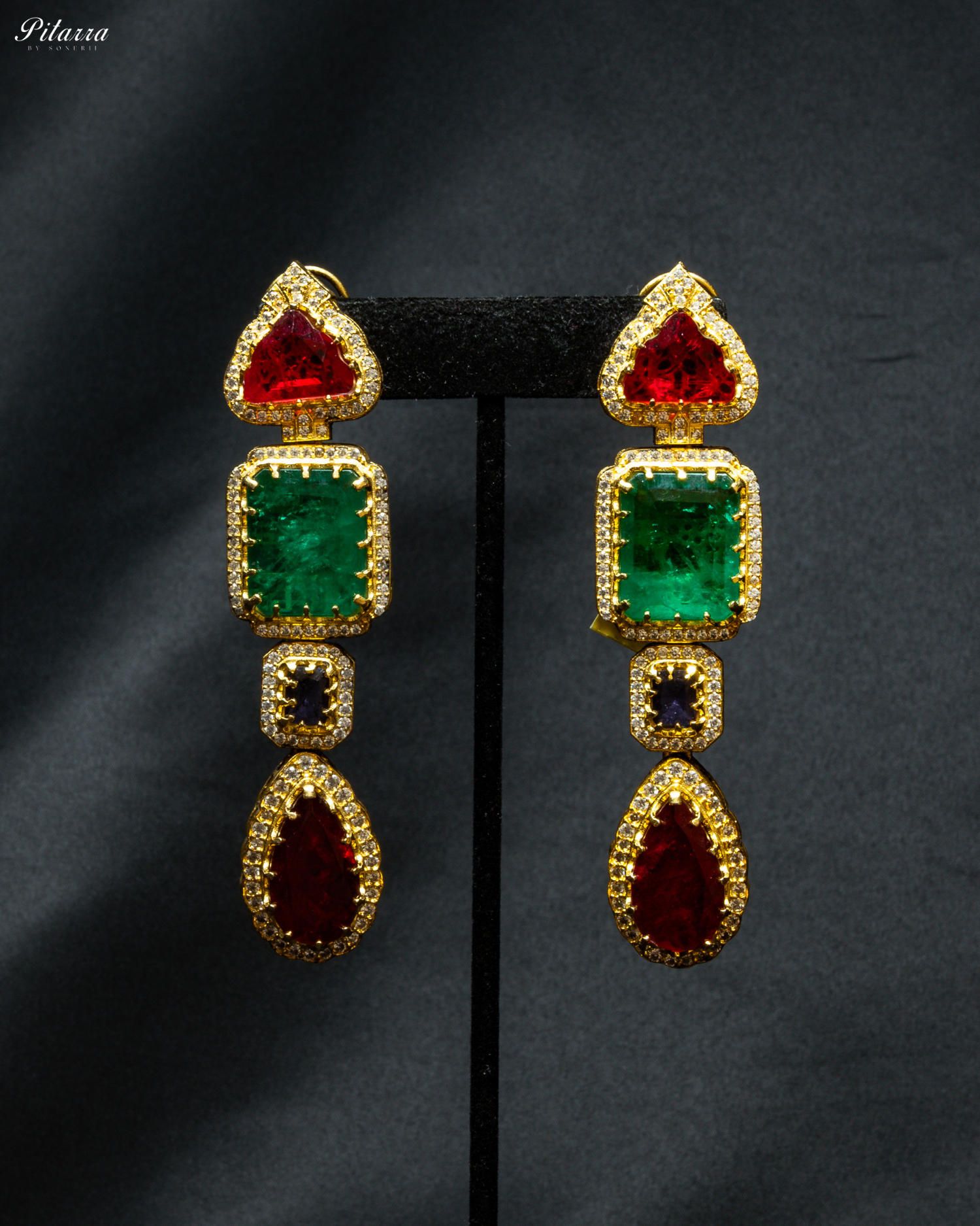 Emerald and Red Stone Long Doublet Earrings