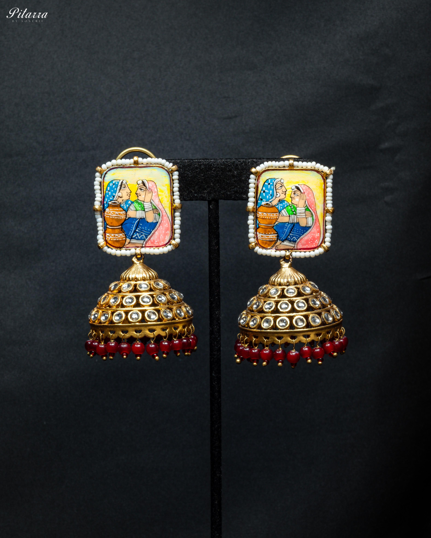 Anuradha Red Art Golden Jhumka Earrings