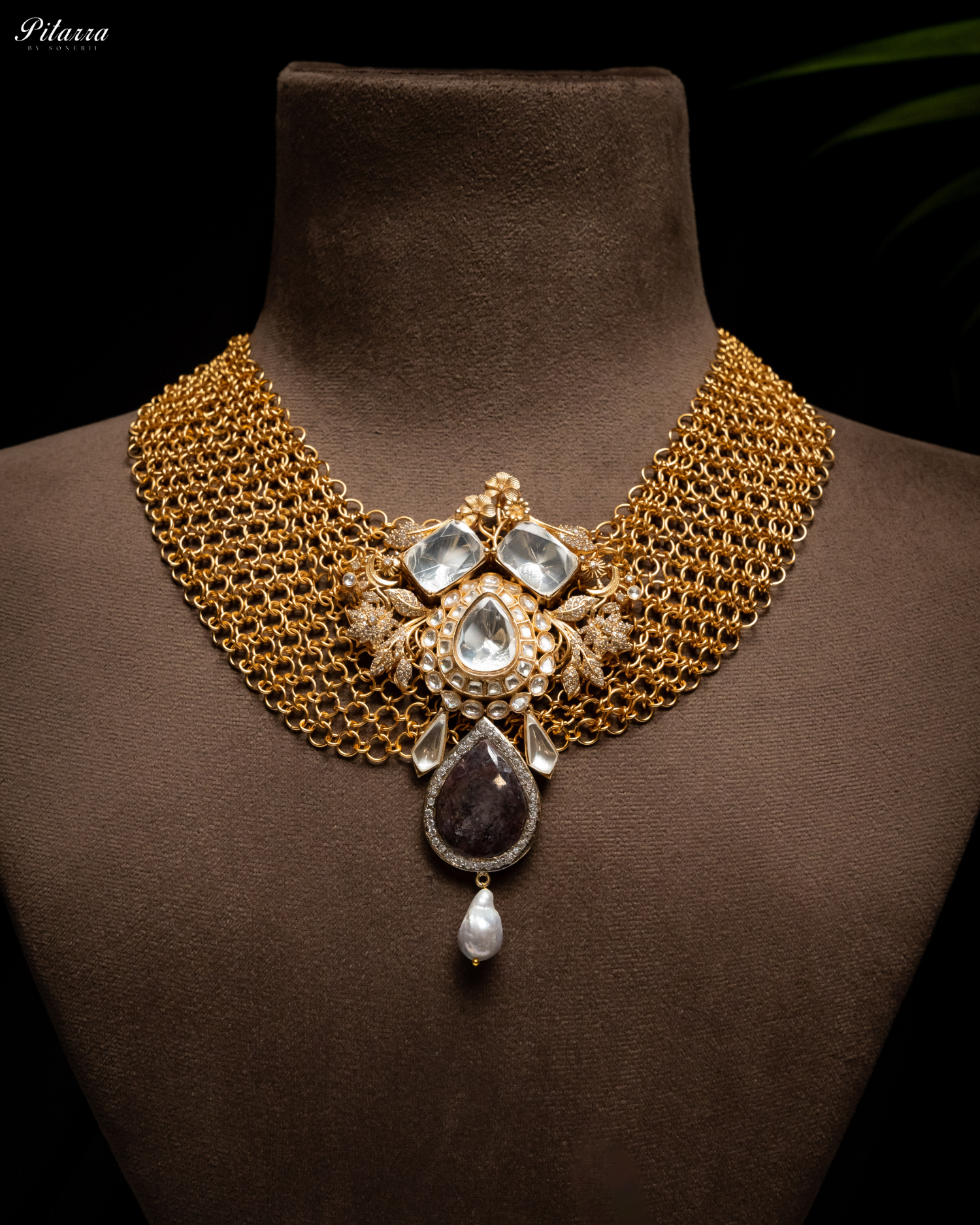 Antique Finish Brown Crystal Stone Kundan Set